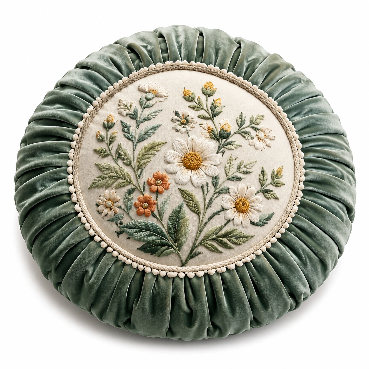 Cuscino Rotondo Ricamato con Motivo Floreale Verde-JORQELVIN