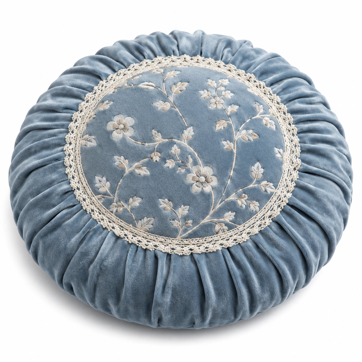 Cuscino Rotondo Ricamato Blu con Motivo Floreale-JORQELVIN