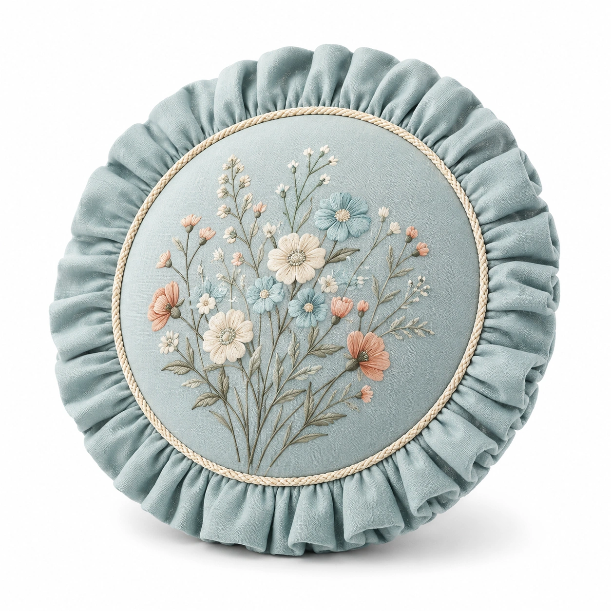 Cuscino Decorativo Rotondo Ricamato Floreale Azzurro-JORQELVIN