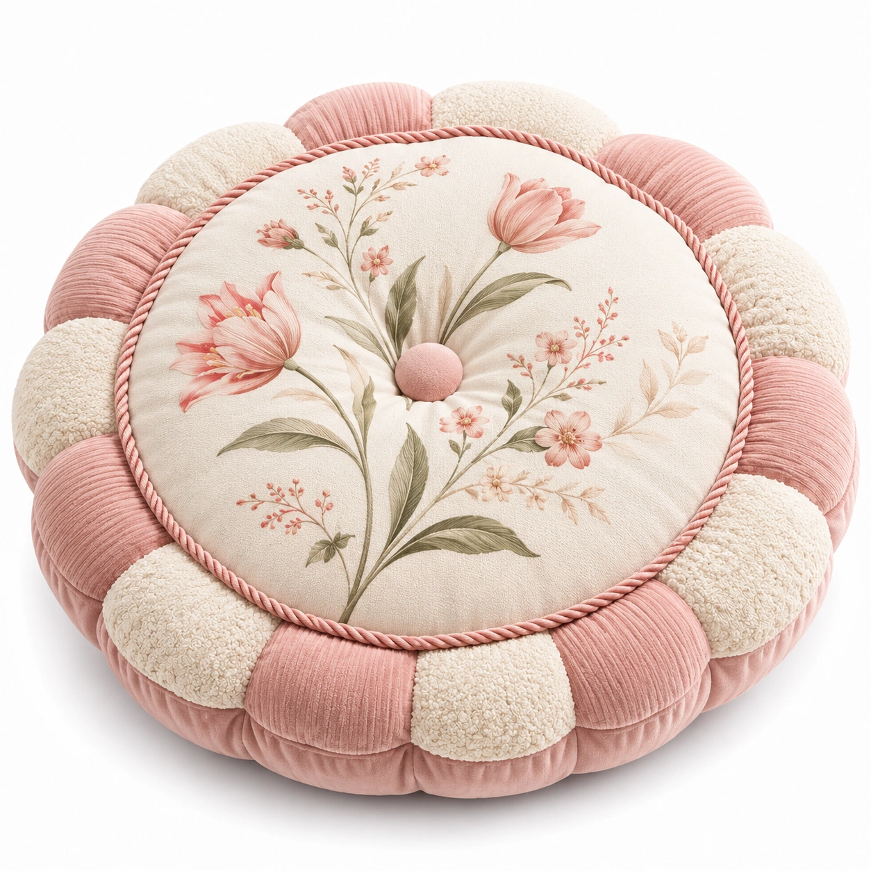 Cuscino decorativo floreale rotondo in rosa e crema-JORQELVIN