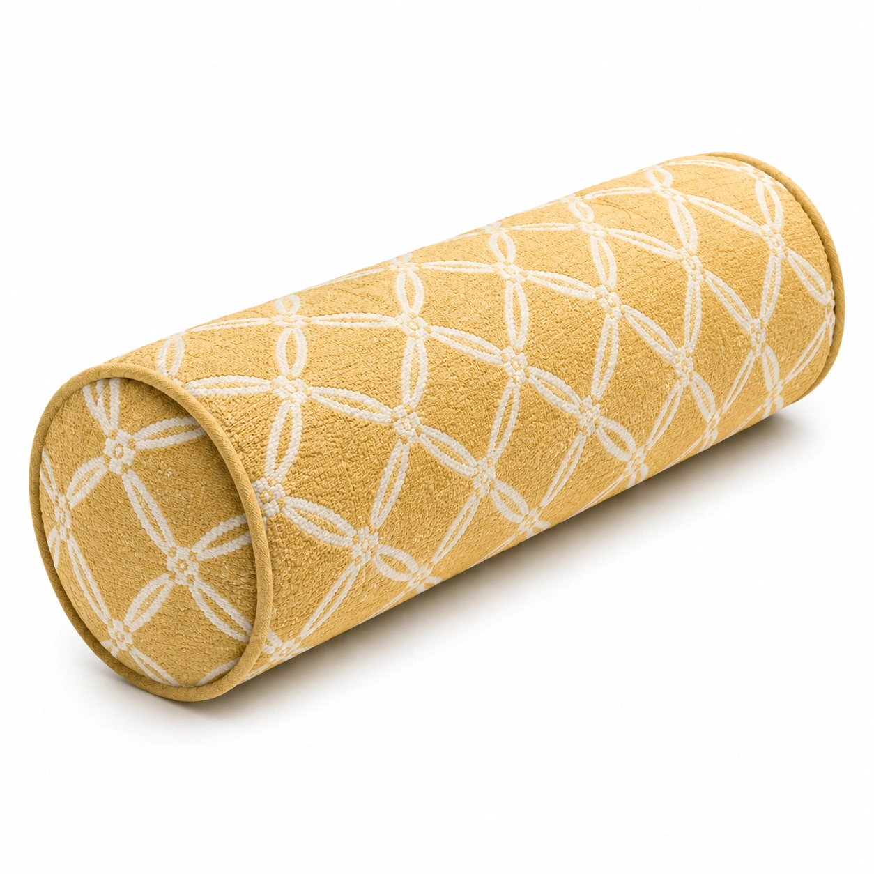 Cuscino cilindrico decorativo giallo con motivi geometrici-JORQELVIN