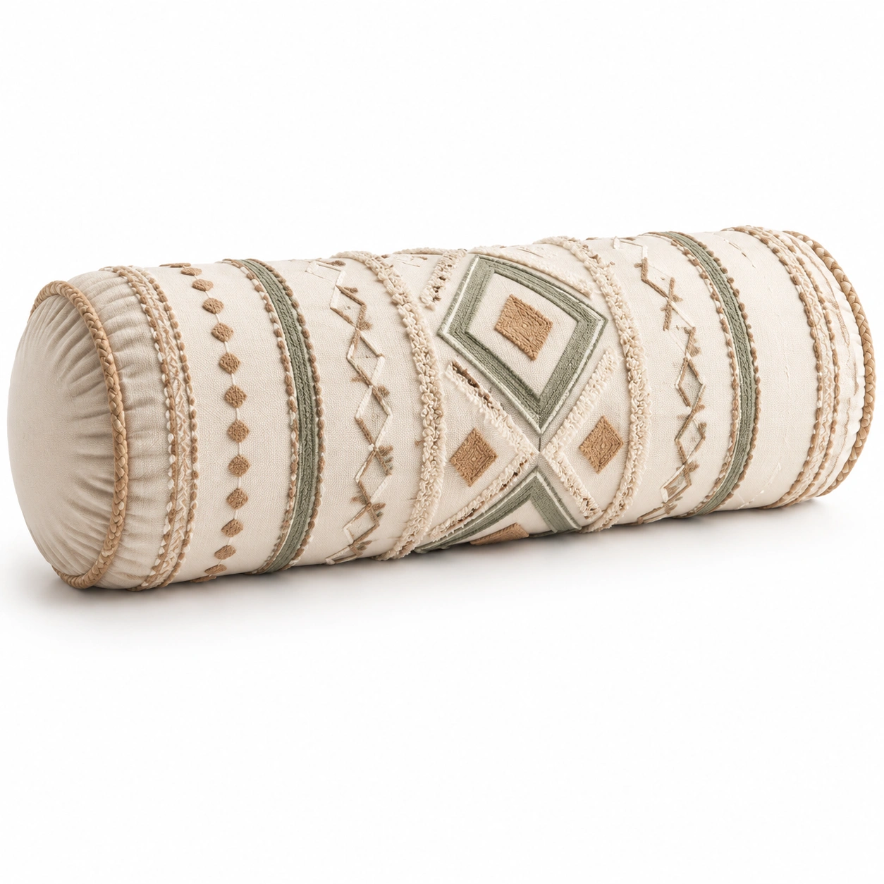 Cuscino cilindrico ricamato etnico in beige e verde-JORQELVIN