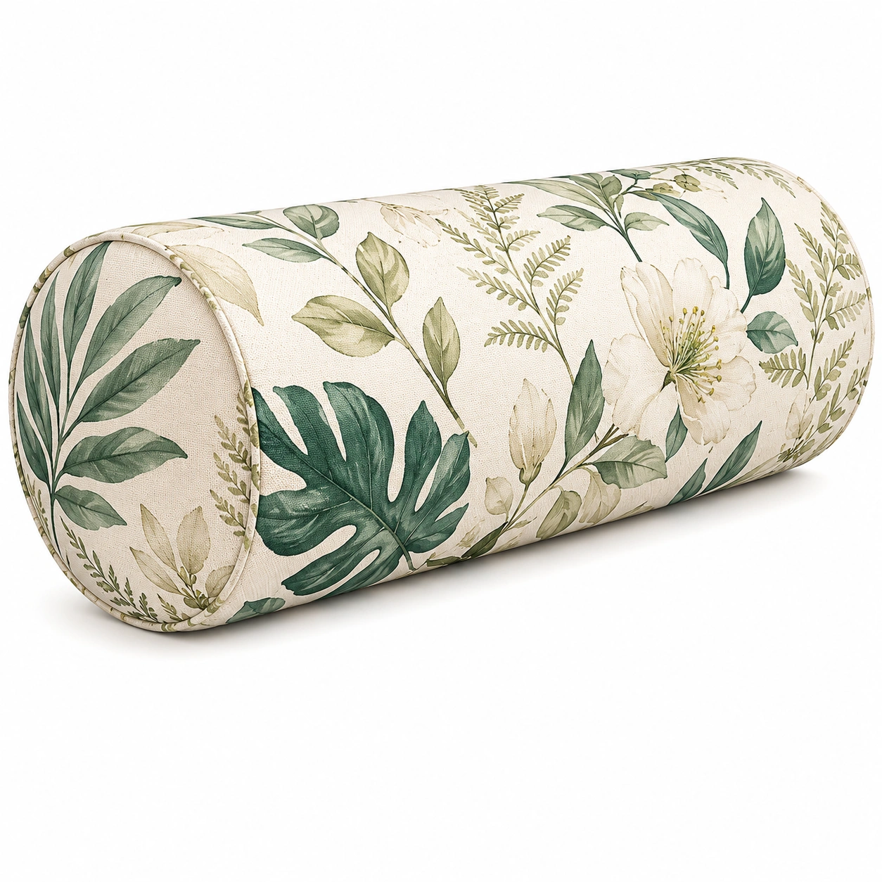 Cuscino cilindrico decorativo con stampa botanica verde-JORQELVIN