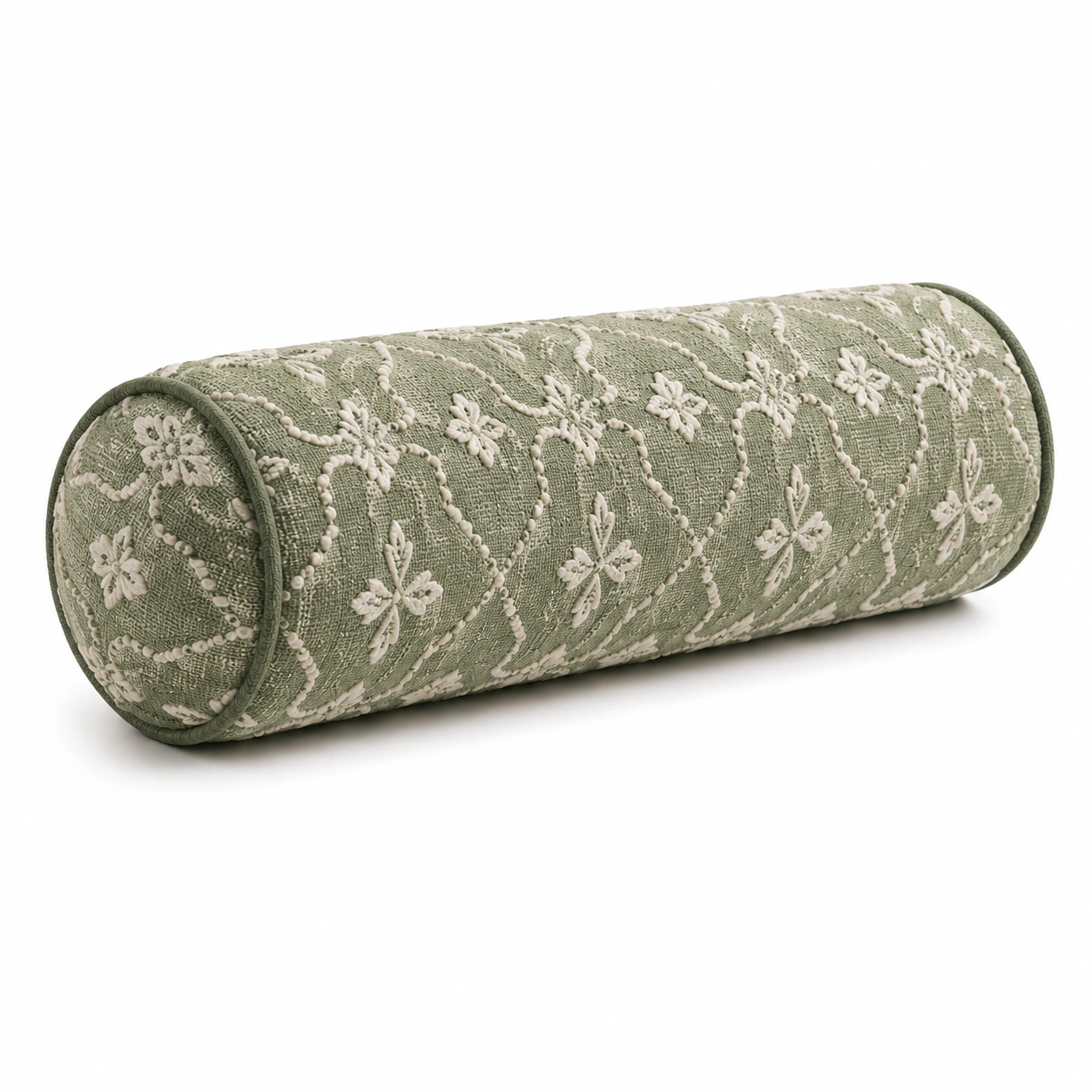 Cuscino cilindrico decorativo con ricami floreali verde-JORQELVIN