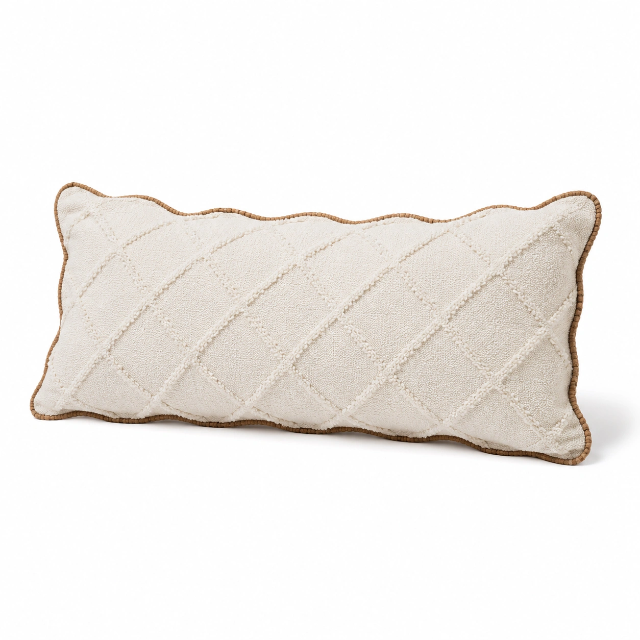Cuscino decorativo rettangolare beige con motivo trapuntato e bordi marroni-JORQELVIN