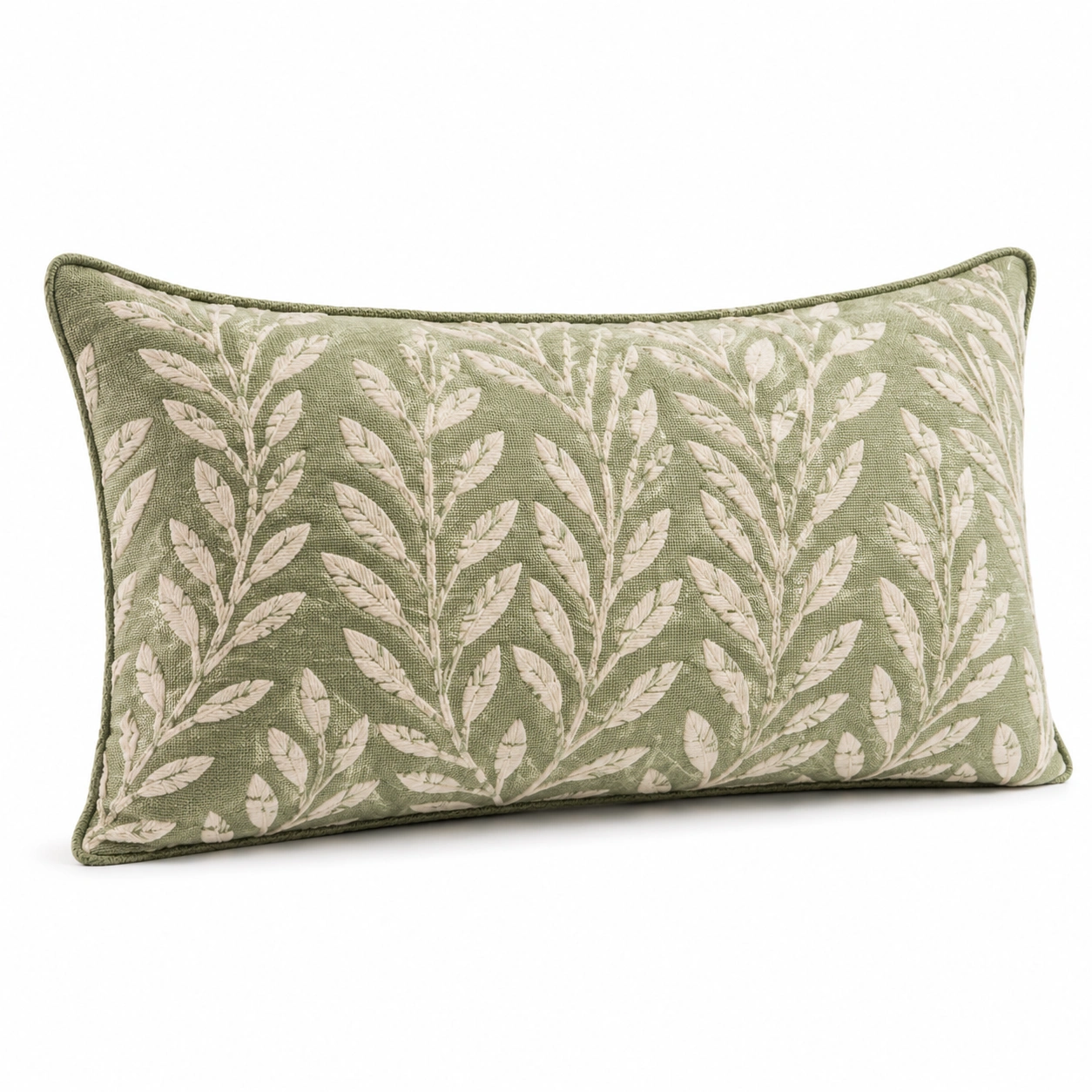 Cuscino Decorativo Rettangolare Verde Motivo Foglie Ricamate-JORQELVIN