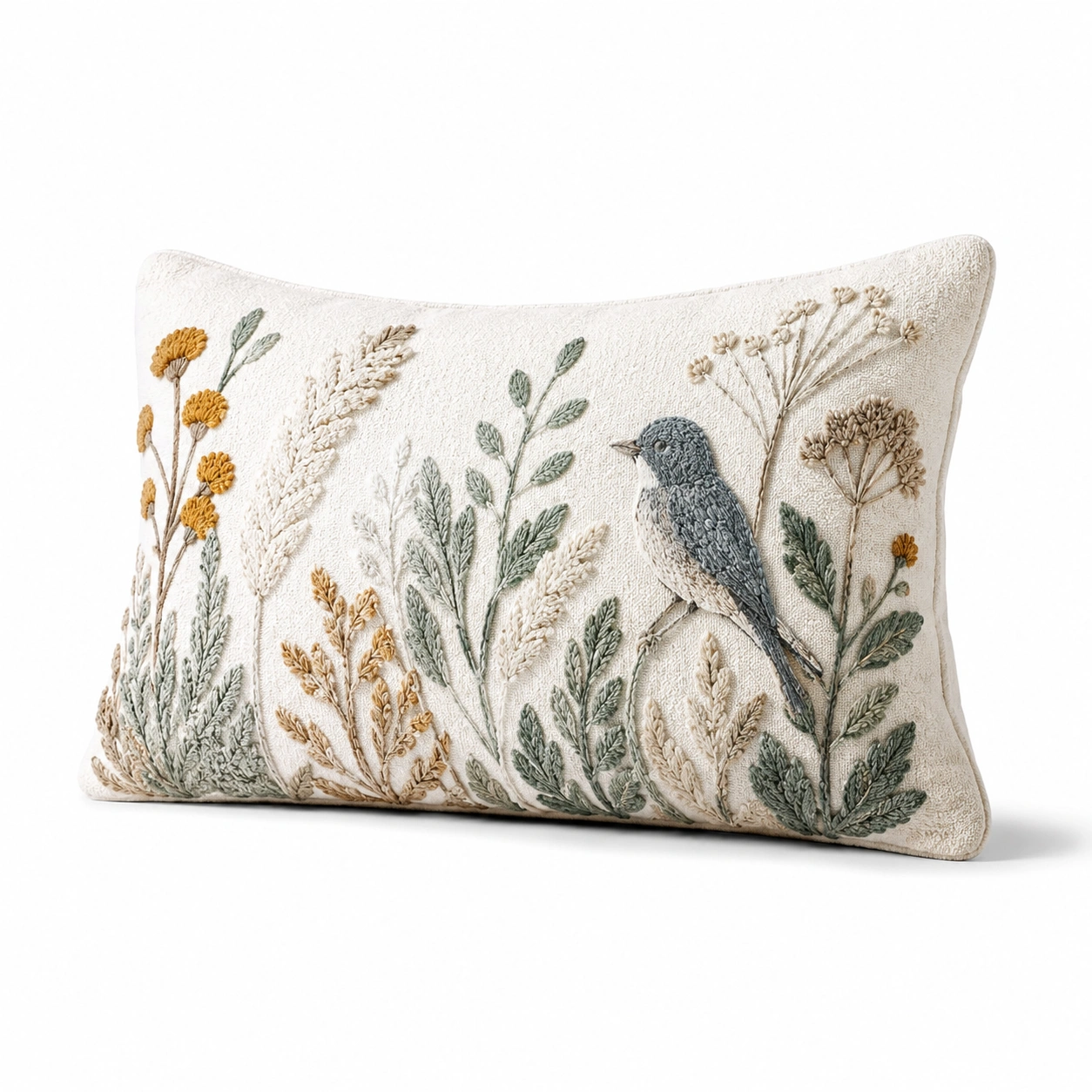 Cuscino Decorativo Ricamato con Uccellino e Fiori 50x30 cm-JORQELVIN