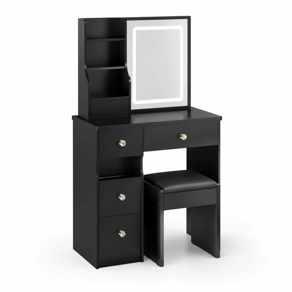 Toaletka czarna z lustrem LED i taboretem z MDF