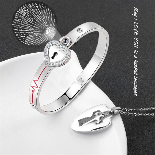 Key to My Heart Couple Key Necklace and Love Lock Bracelet Gift Set