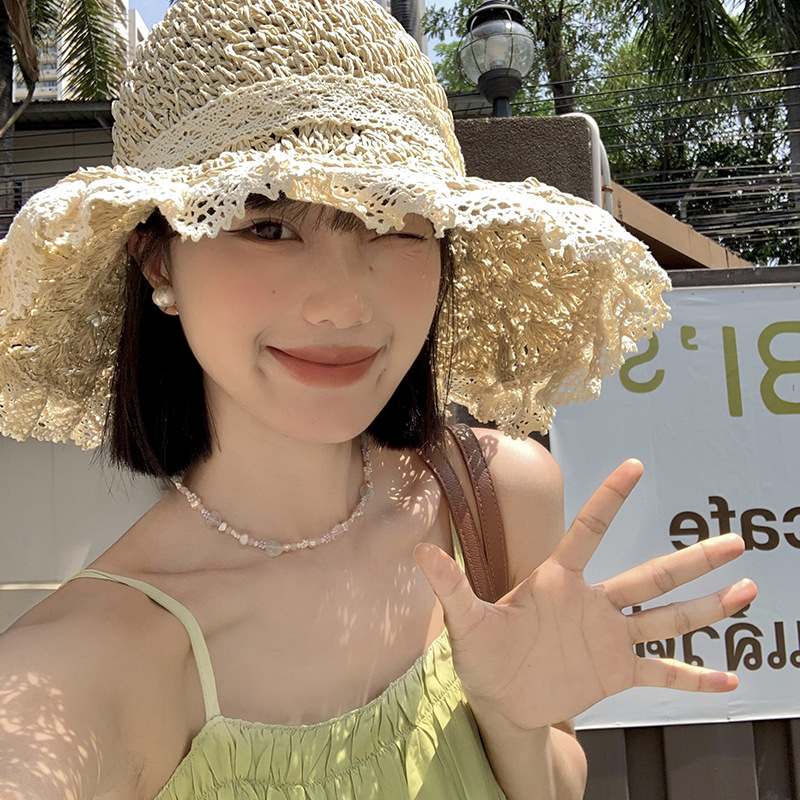 👒Elegant Crochet Straw Hat with Ruffle Detail - Perfect for Summer Travel and Beach Days🏖️