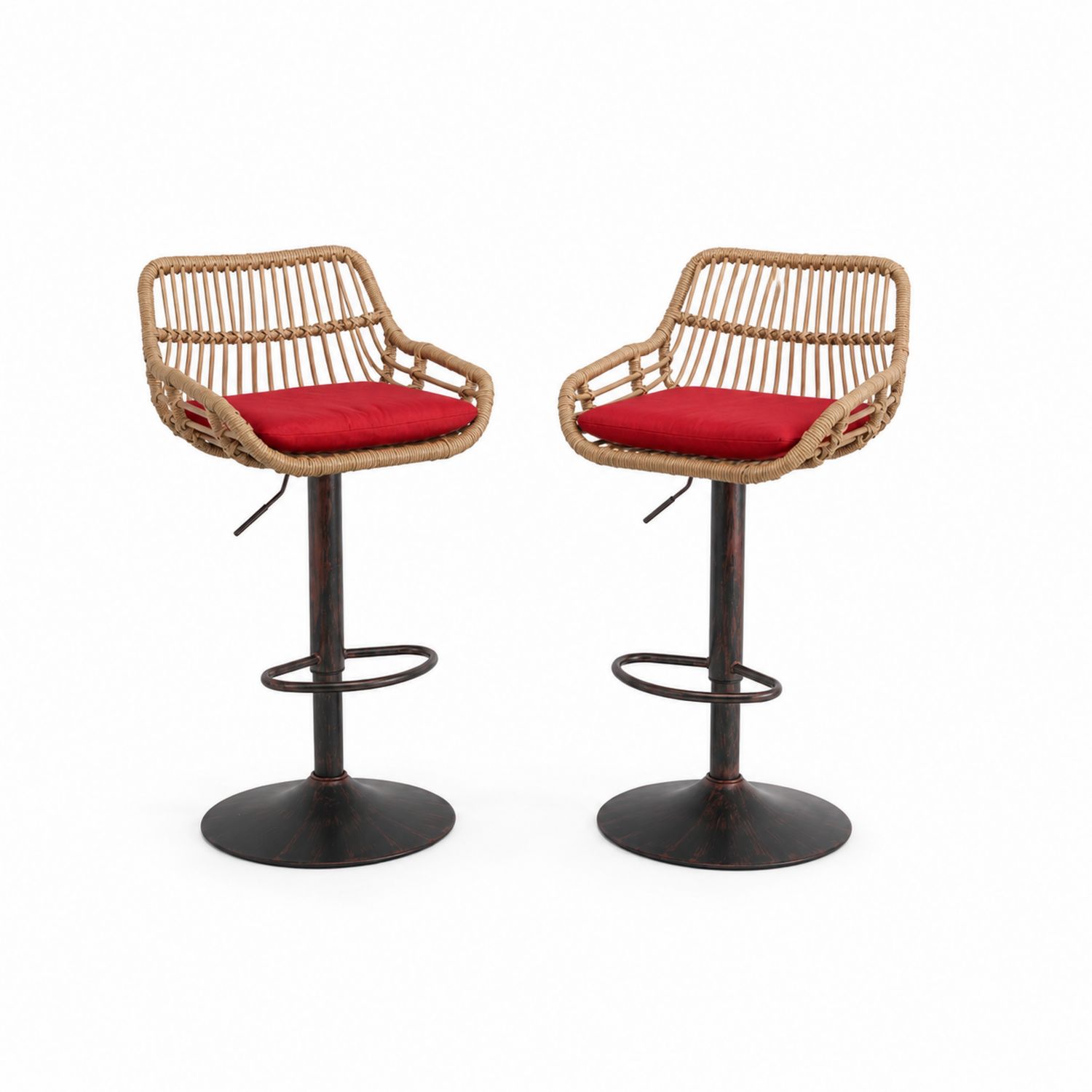 2er Set Rattan-Barhocker mit Rotem Sitzpolster