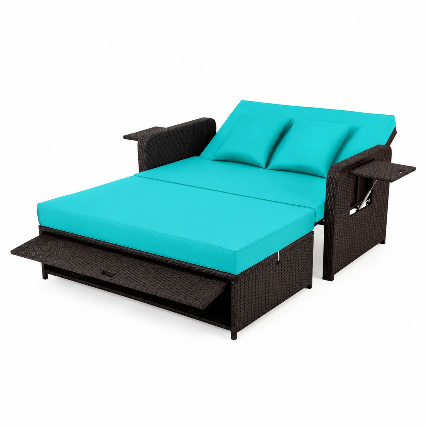 Outdoor Tagesbett Rattan Stahl mit Kissen Türkis