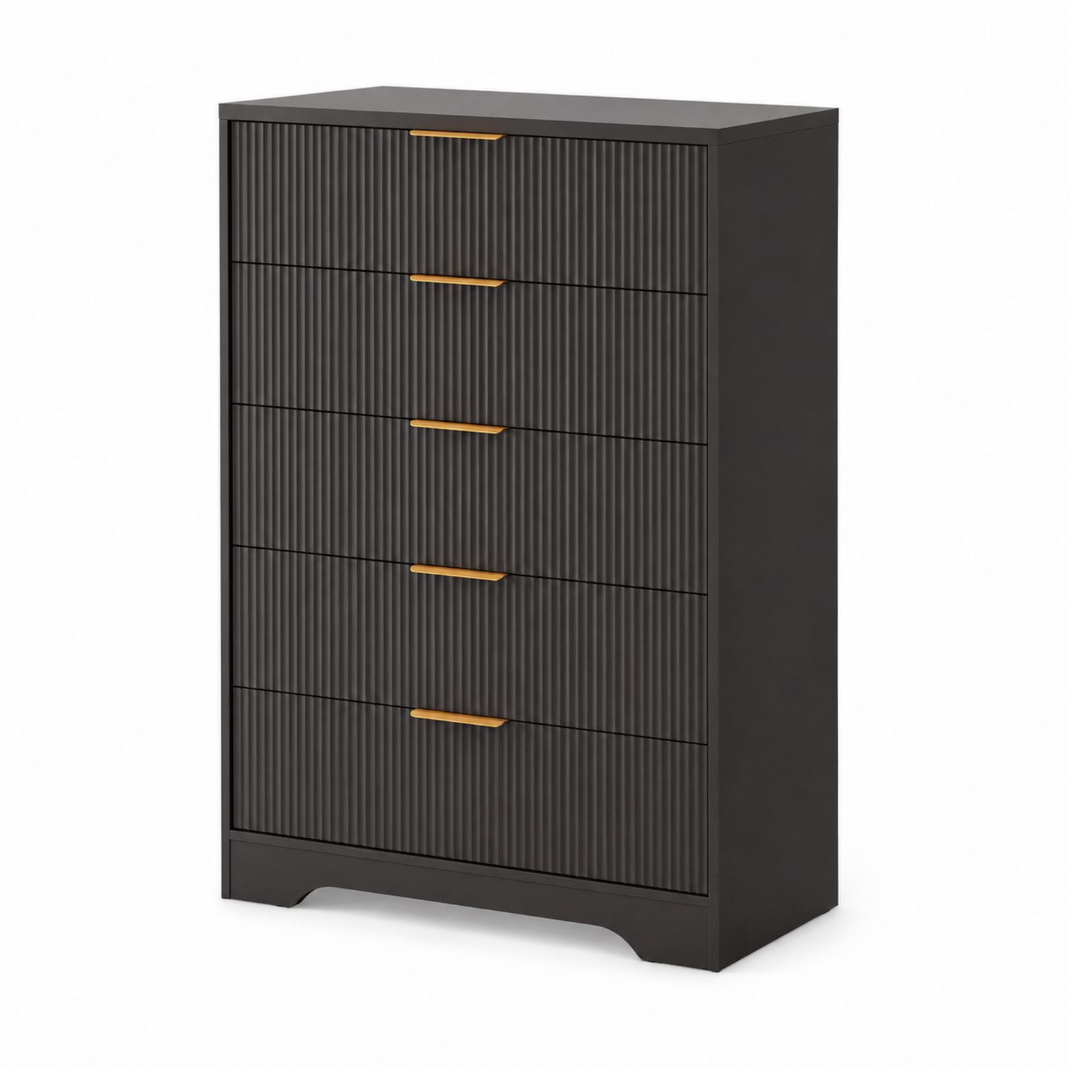 Kommode mit fünf Schubladen aus MDF in Dunkelgrau mit goldfarbenen Griffen