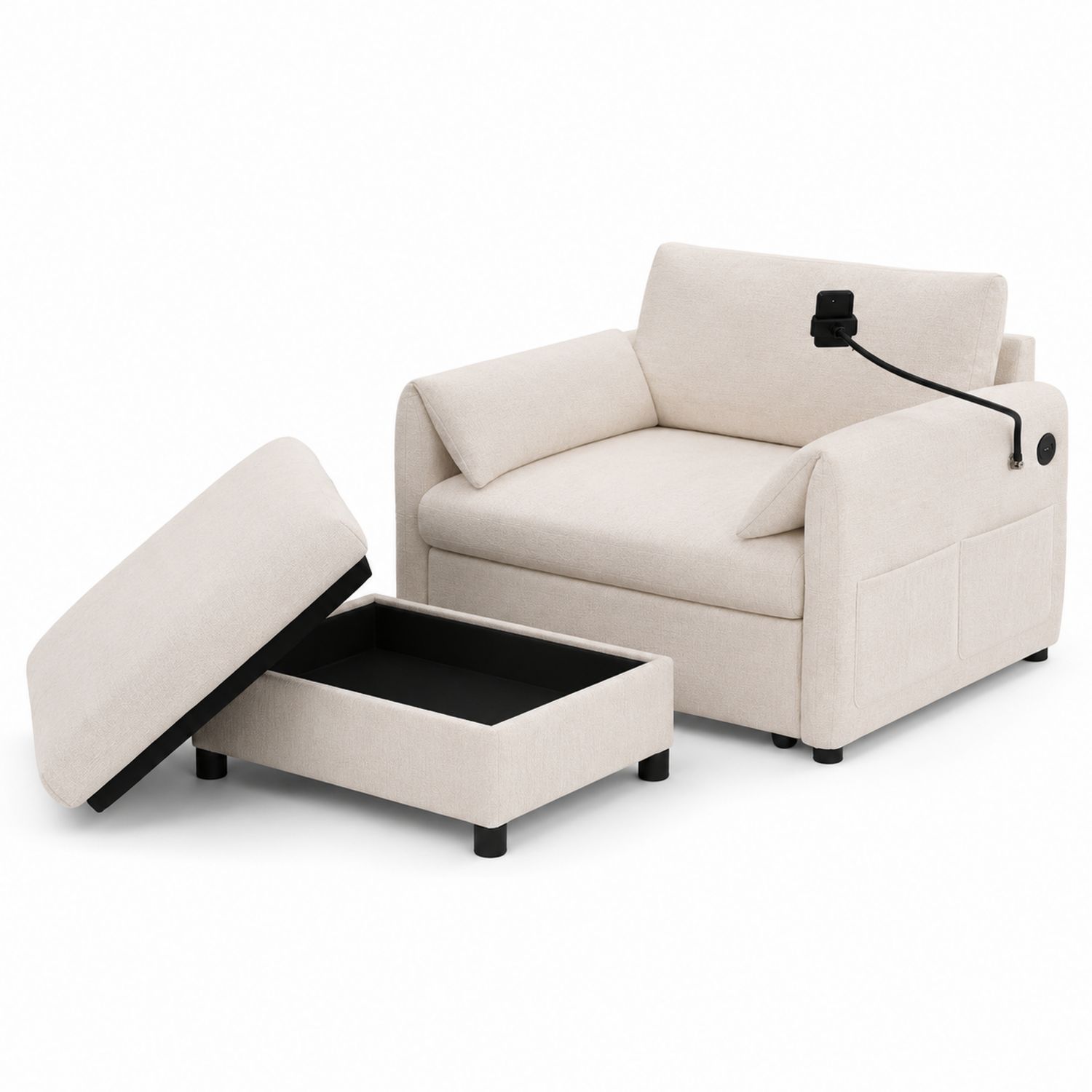 Sofa Sessel mit Hocker Stauraum Polyester Beige