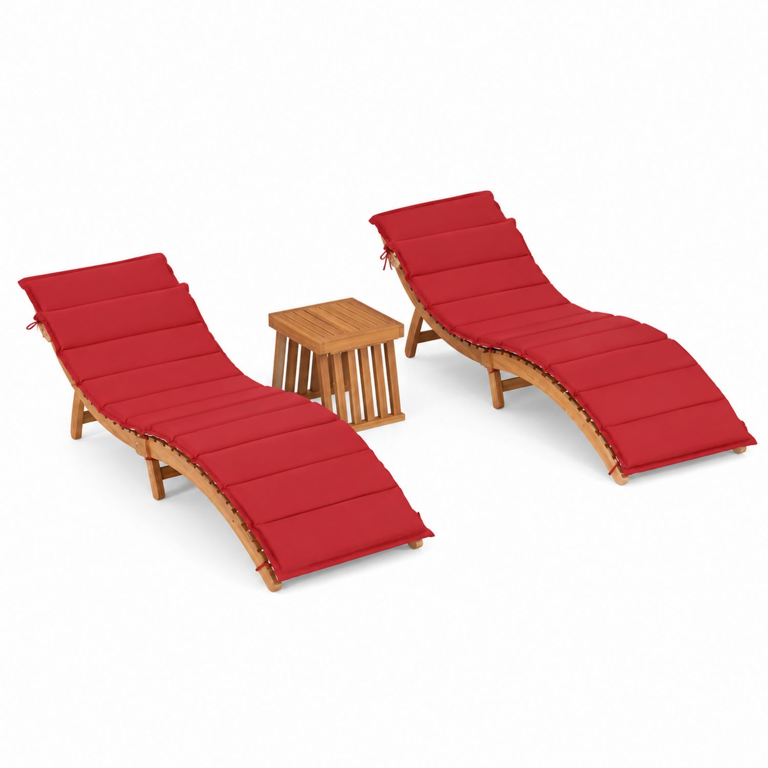 2-teiliges Set Sonnenliegen aus Akazienholz mit roten Kissen