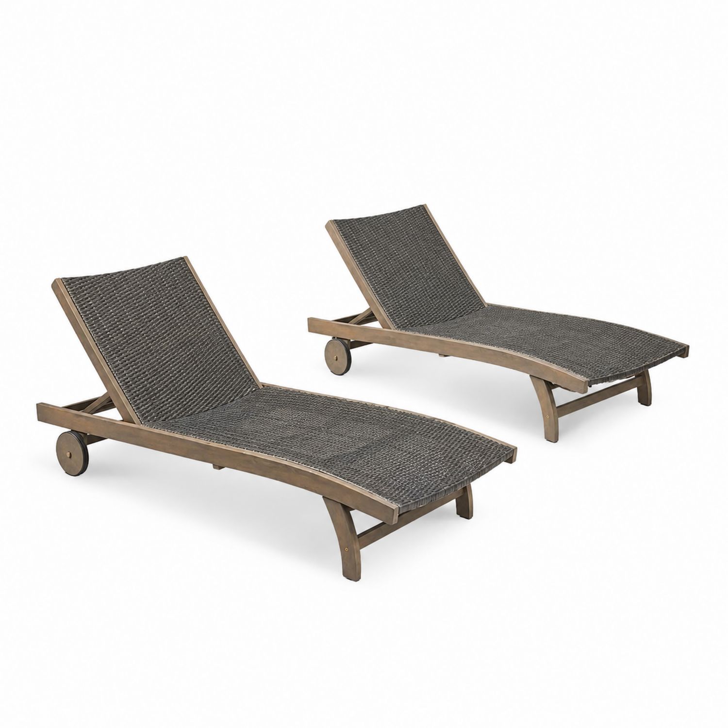 2er Set Holz Sonnenliegen mit verstellbarer Rattanoptik, Grau