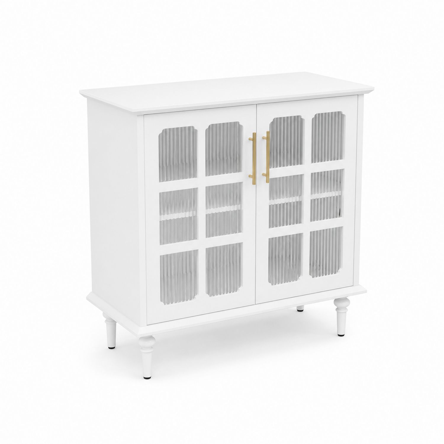Weiße Kommode mit Glasfront und Metallgriff