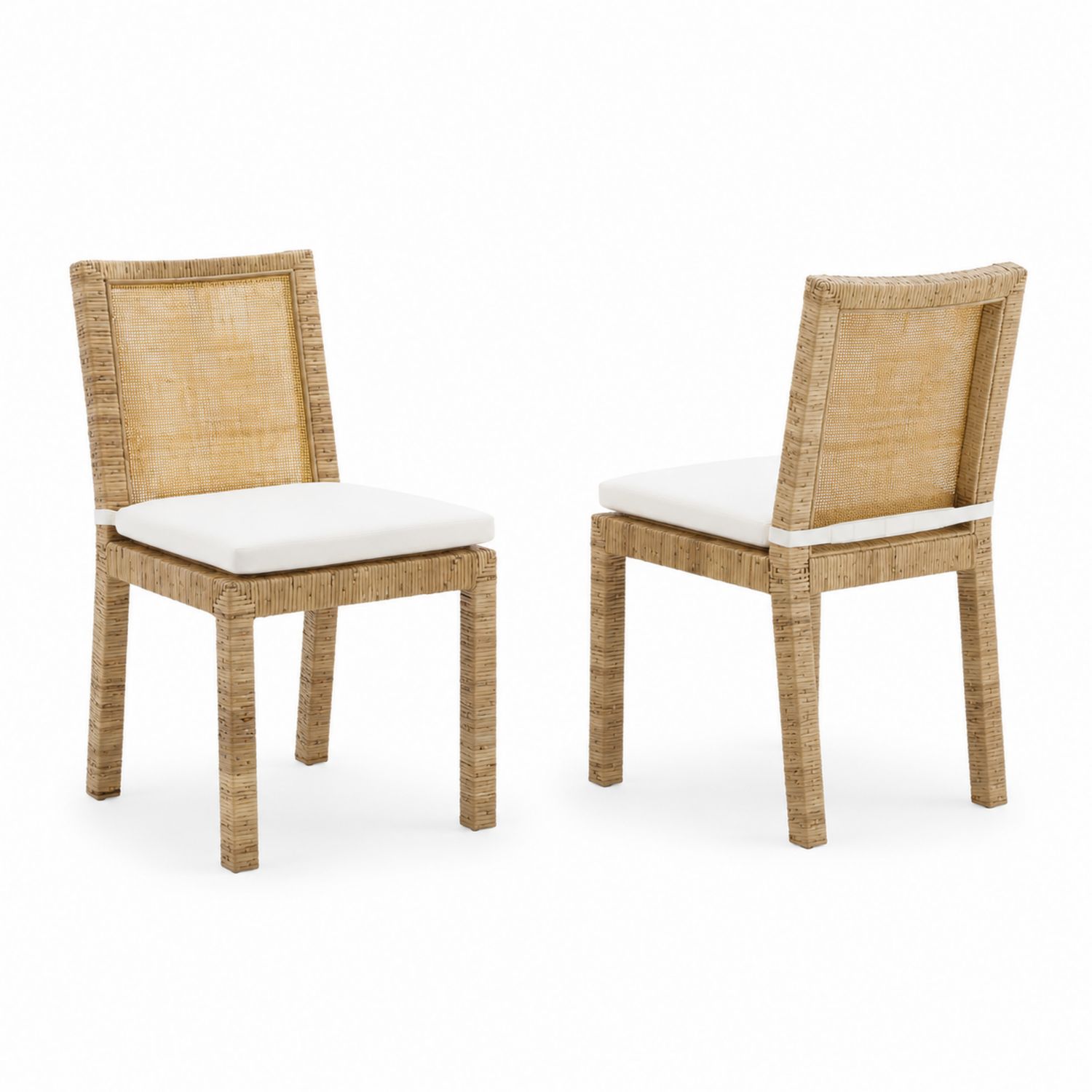 Esszimmerstuhl-Set aus Rattan mit Baumwollbezug Beige/Weiß