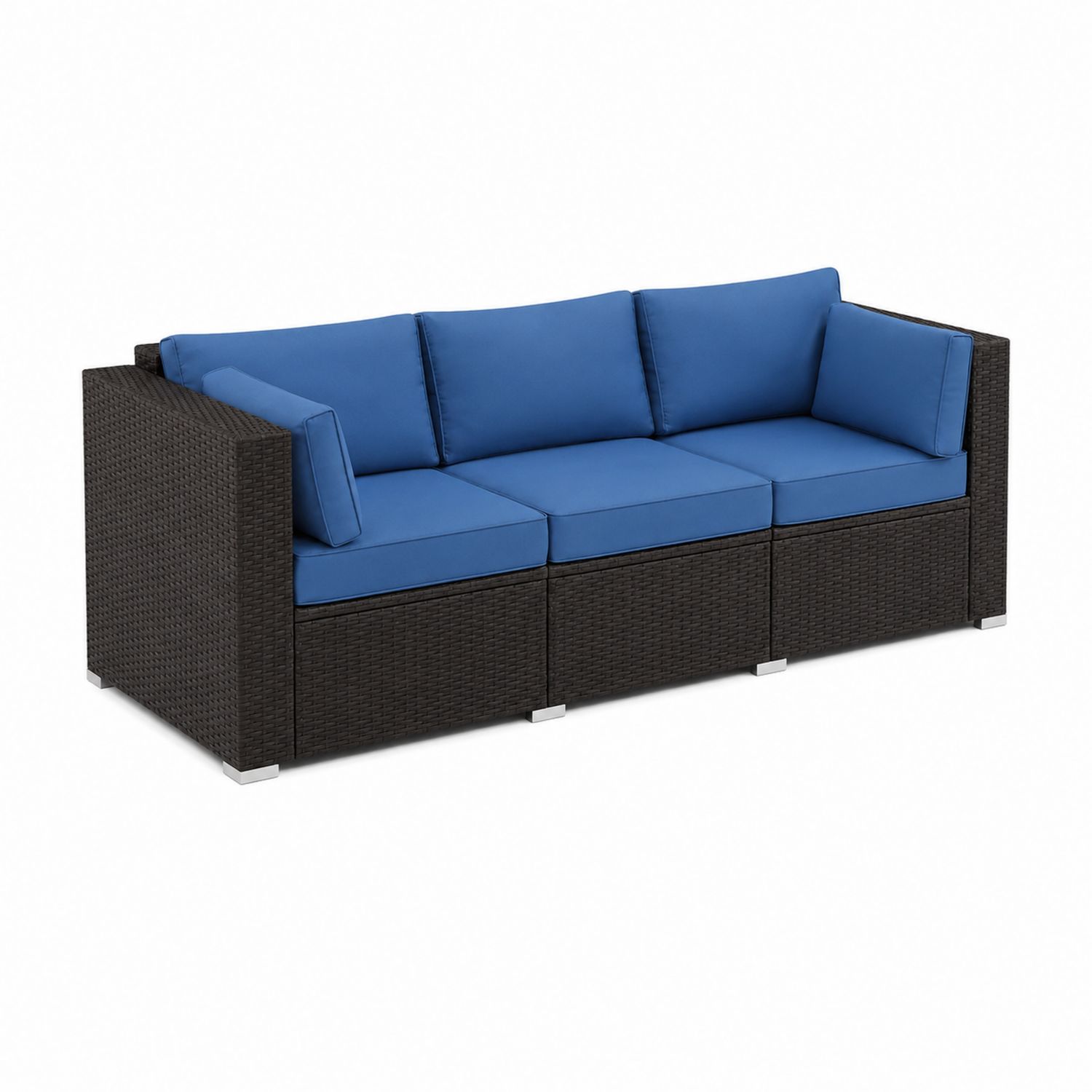 Outdoor Sofa 3-Sitzer Rattan Dunkelbraun Blau 210cm
