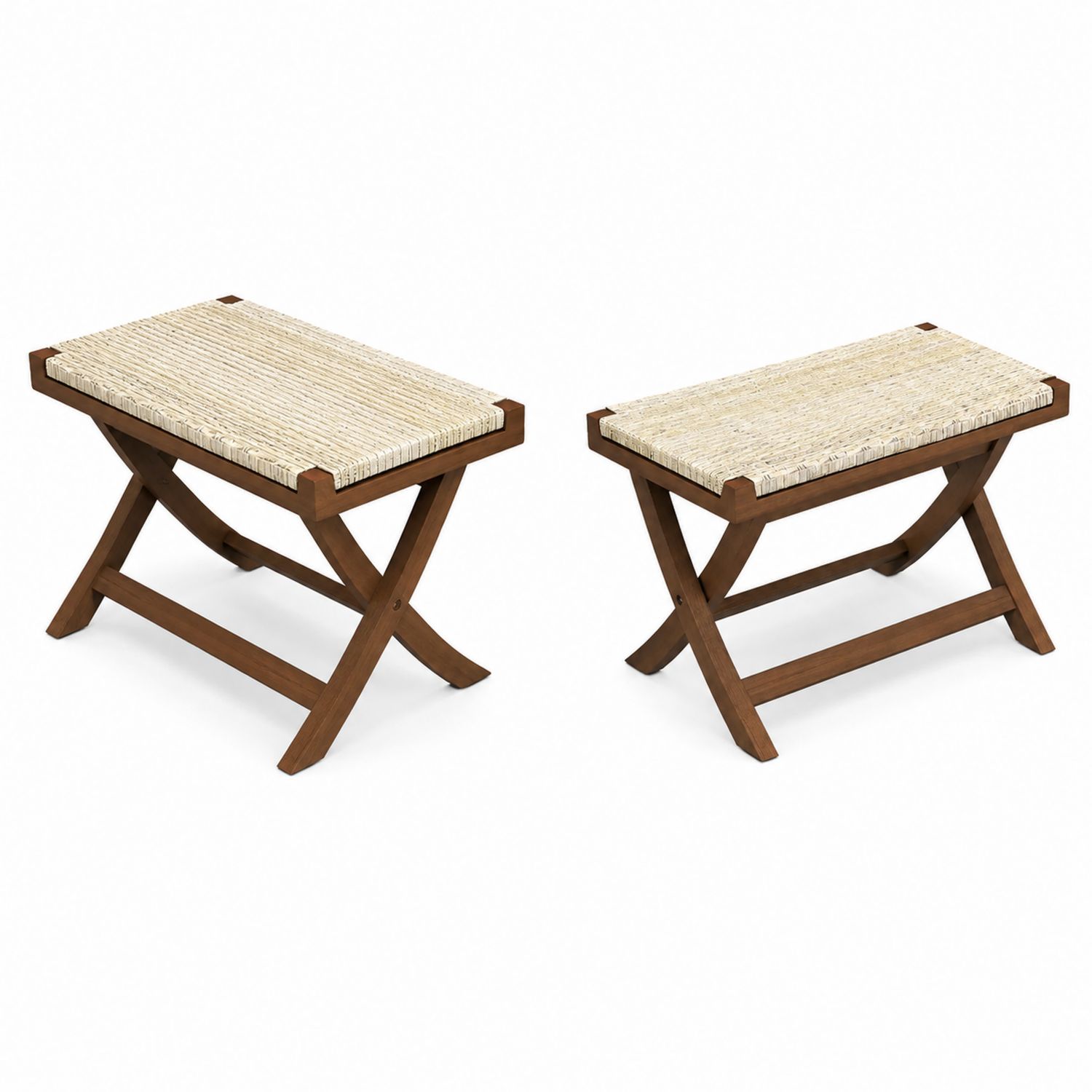 Holzhocker Set mit Seegras Sitzfläche Braun/Beige
