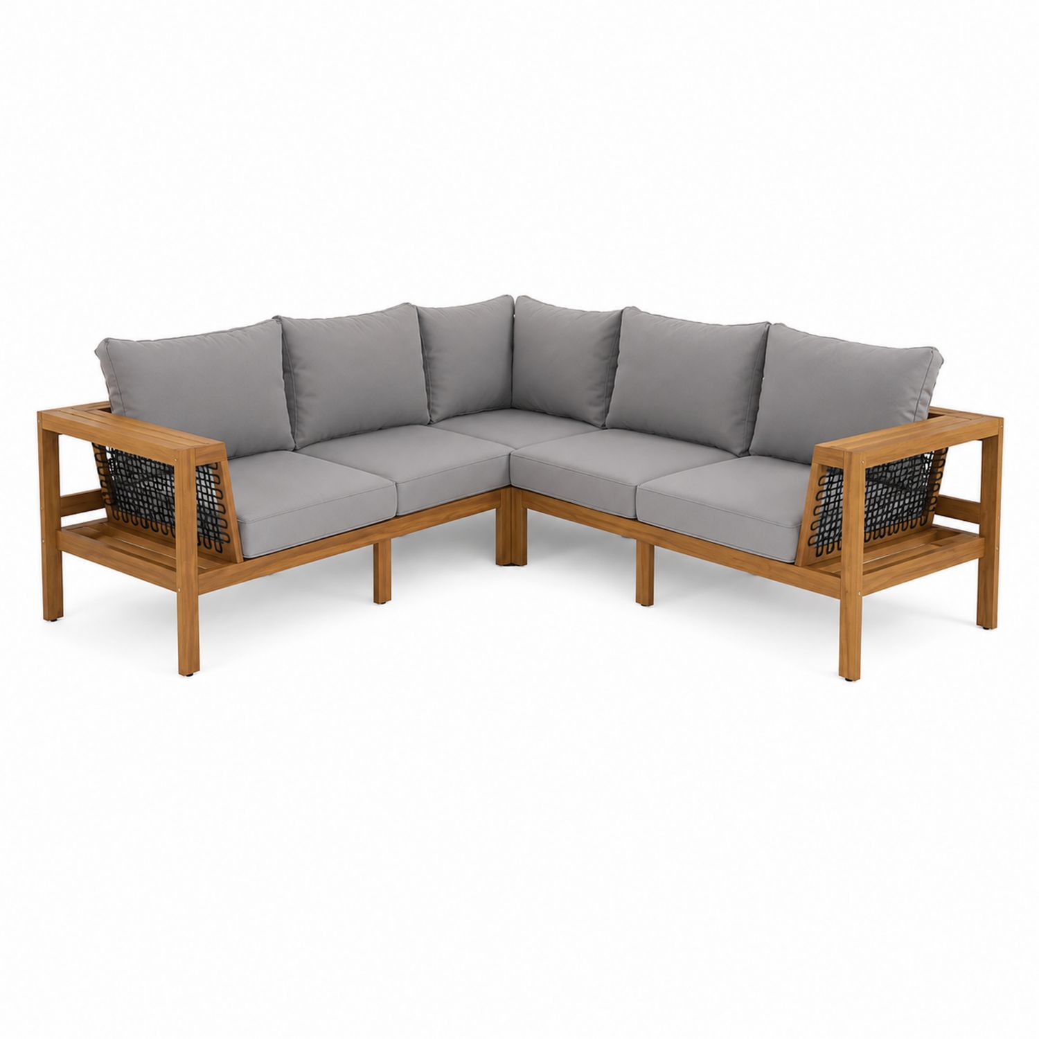 Outdoor-Ecksofa aus Teakholz mit grauen Kissen