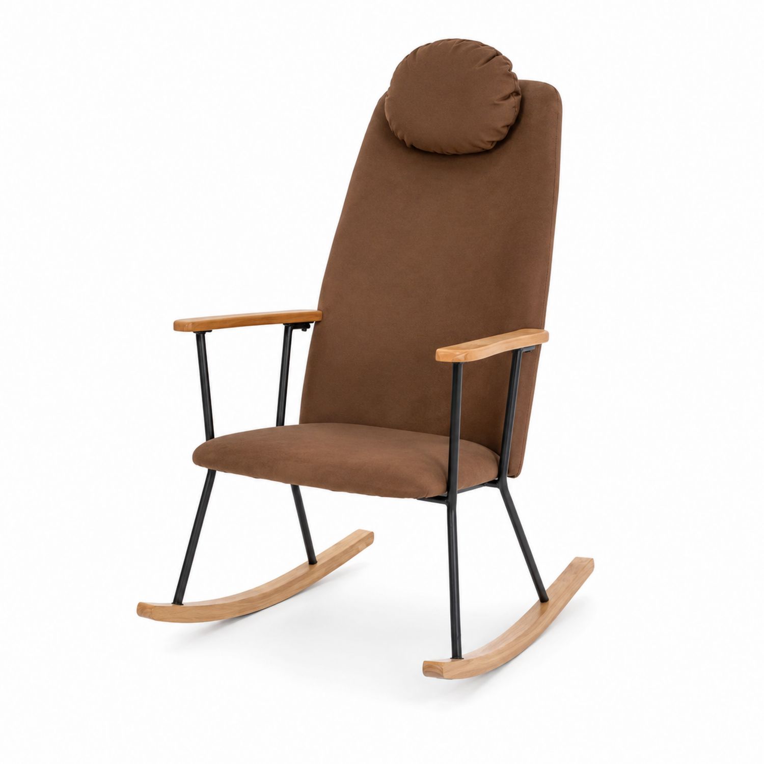 Brauner Schaukelstuhl mit Mikrofaser und Holzelementen
