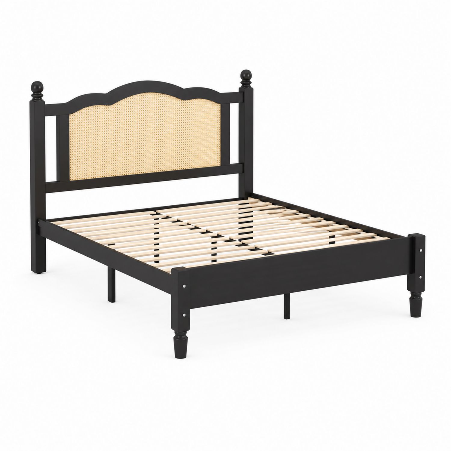 Letto matrimoniale in legno e rattan nero