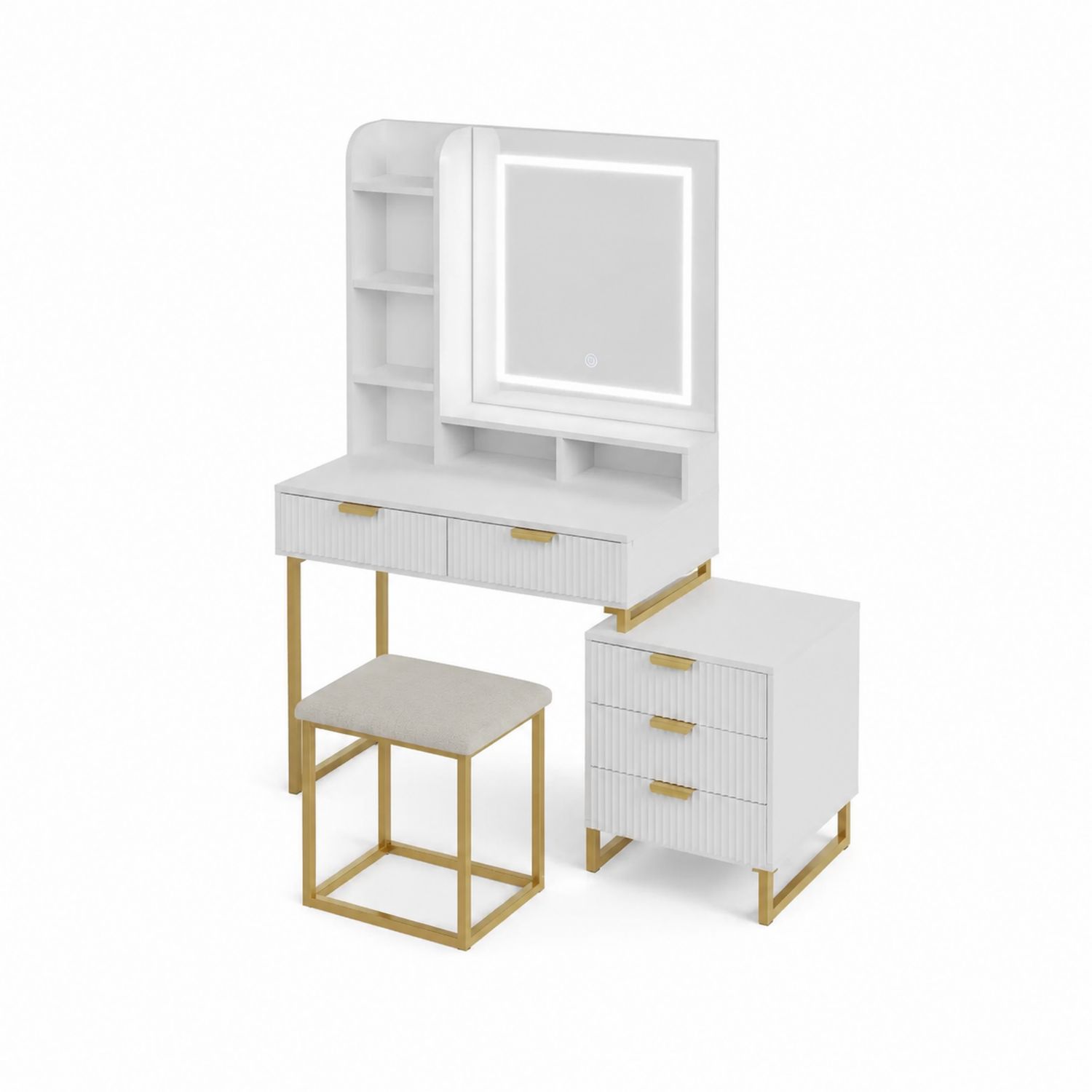 Toeletta in legno bianco con specchio retroilluminato e sgabello, struttura in metallo dorato