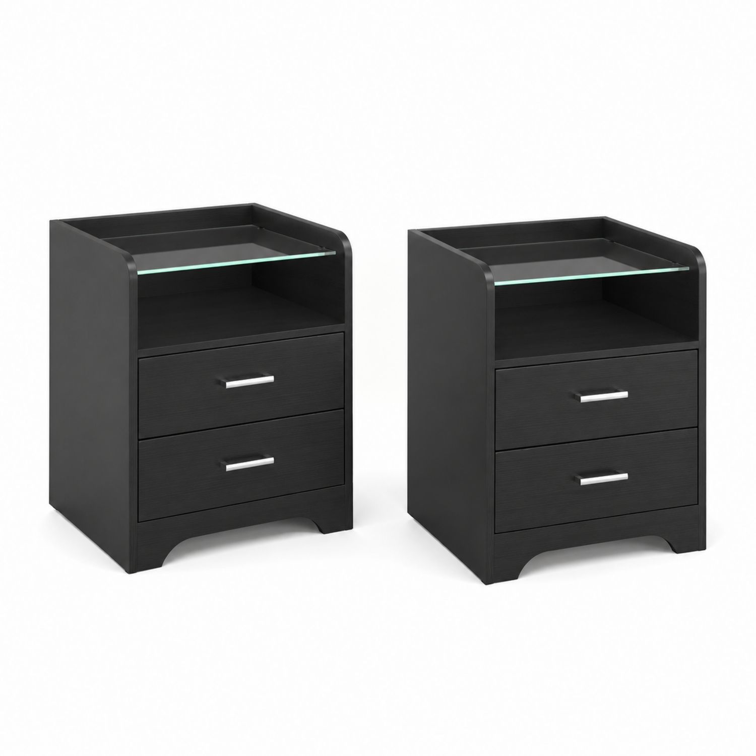 Set di 2 comodini neri con cassetti e ripiano in vetro temperato