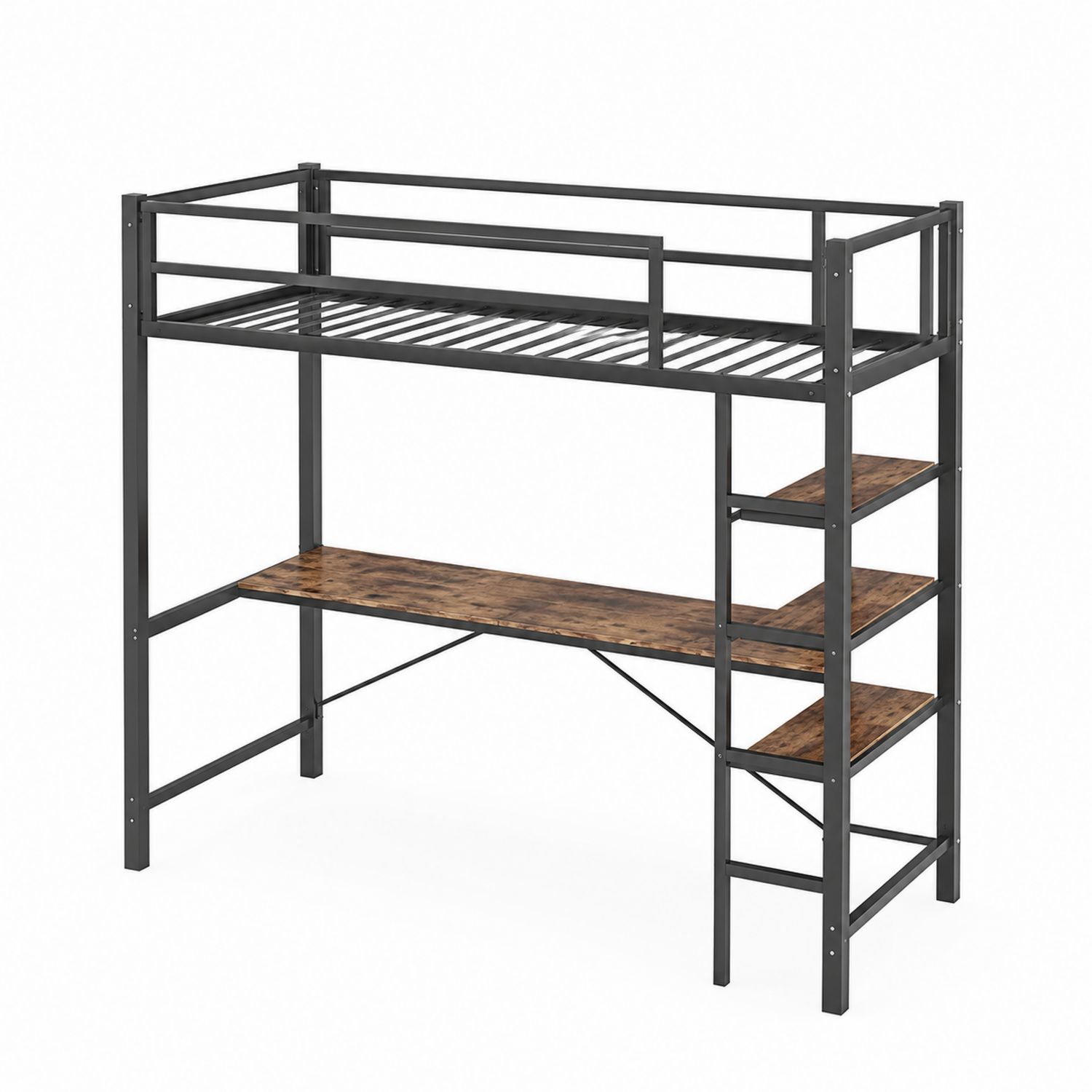Letto a soppalco in metallo con scrivania e scala 198x90x180 cm Nero/Marrone