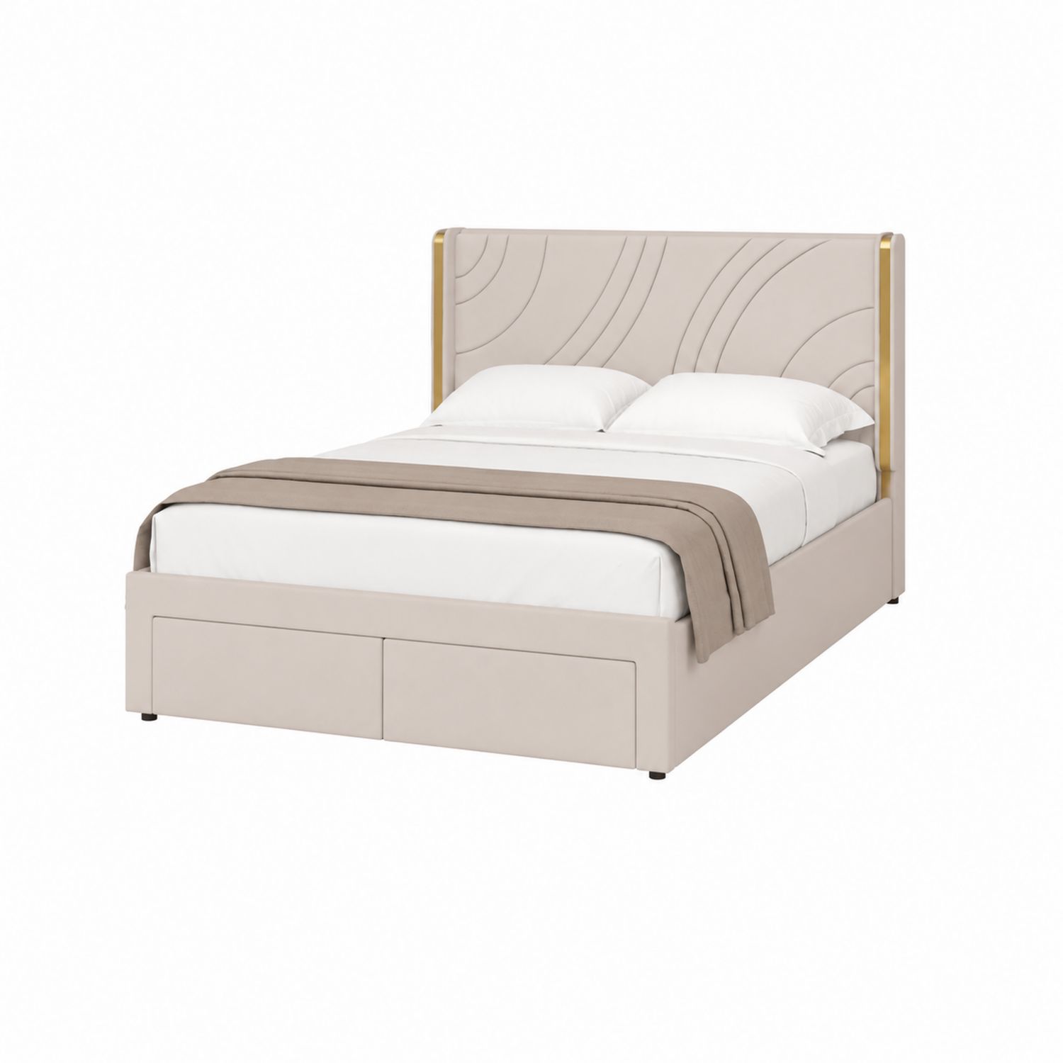 Letto matrimoniale con contenitore in tessuto e legno