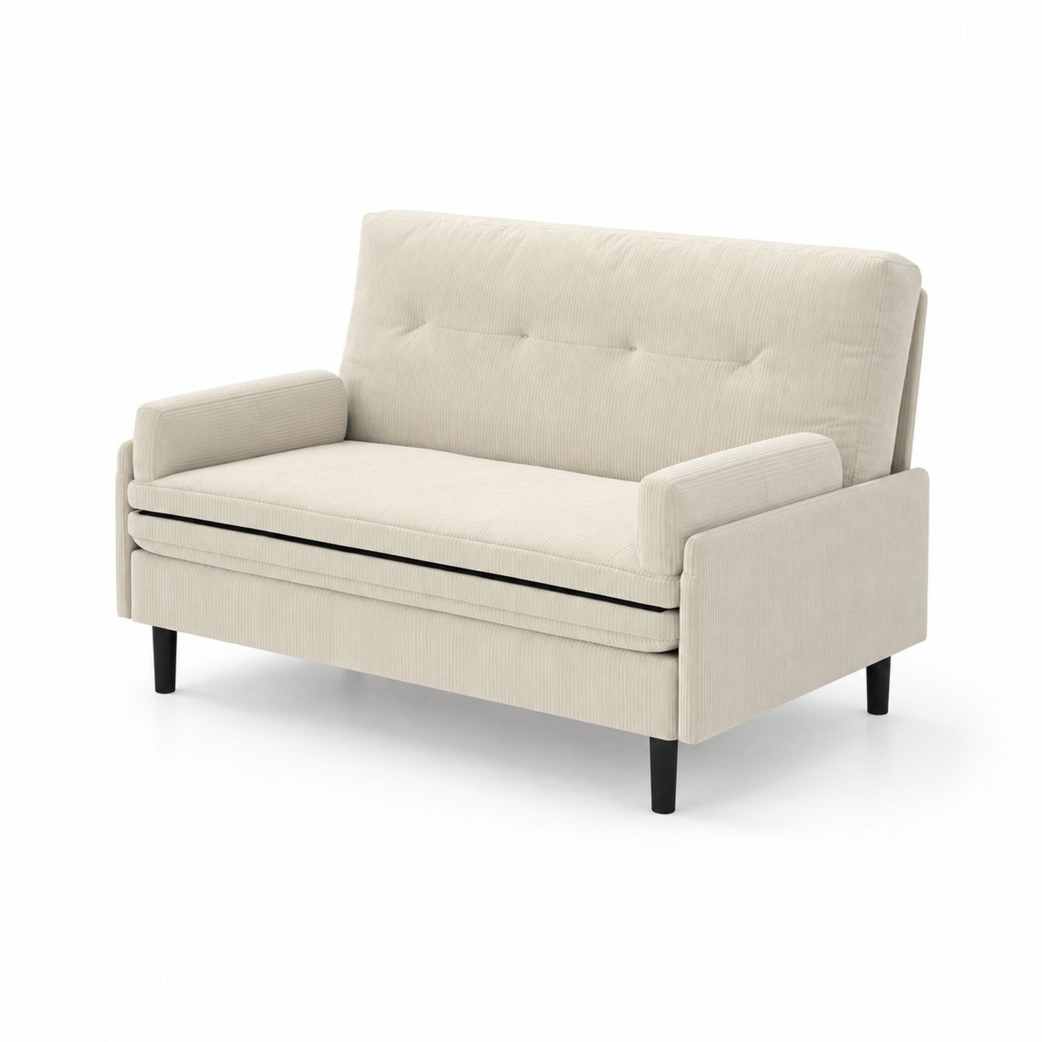 Divano a due posti in tessuto a coste beige con gambe in legno