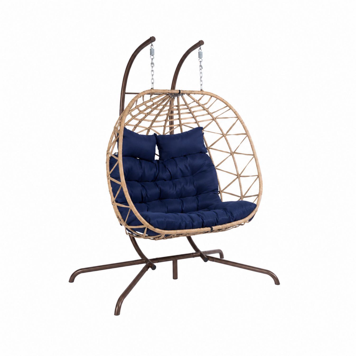 Sedia a dondolo sospesa in rattan e acciaio con cuscini blu