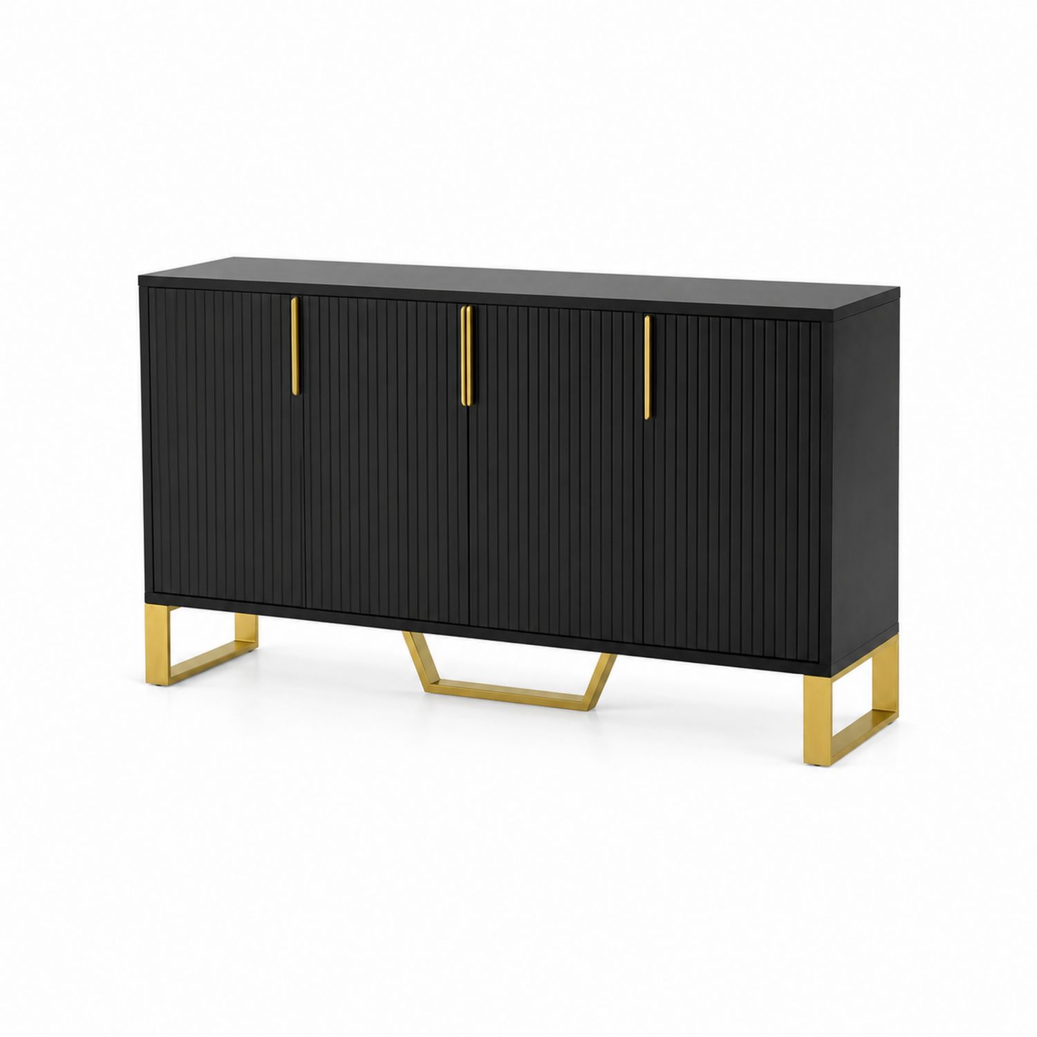 Credenza in legno MDF nera con base e maniglie in metallo dorato