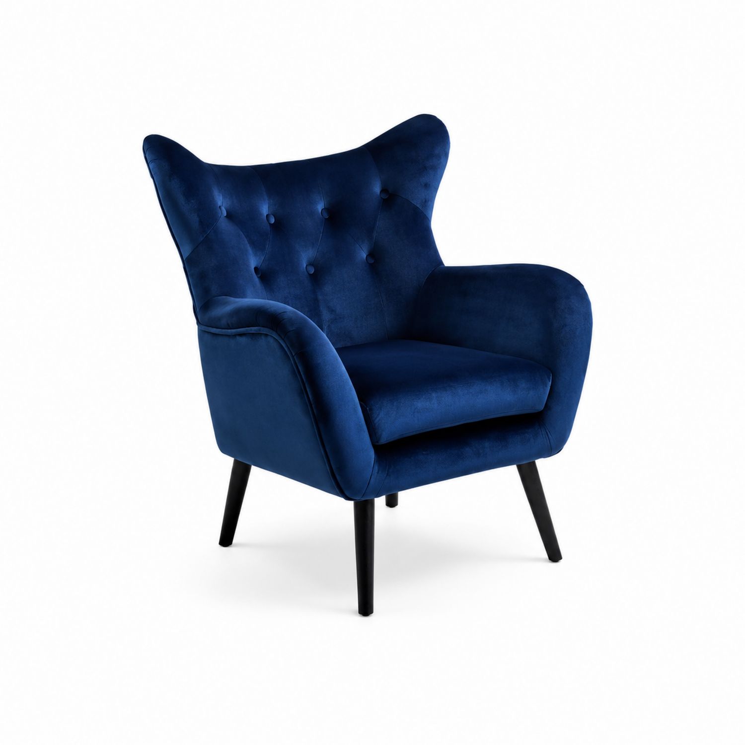 Poltrona in velluto blu con gambe in legno