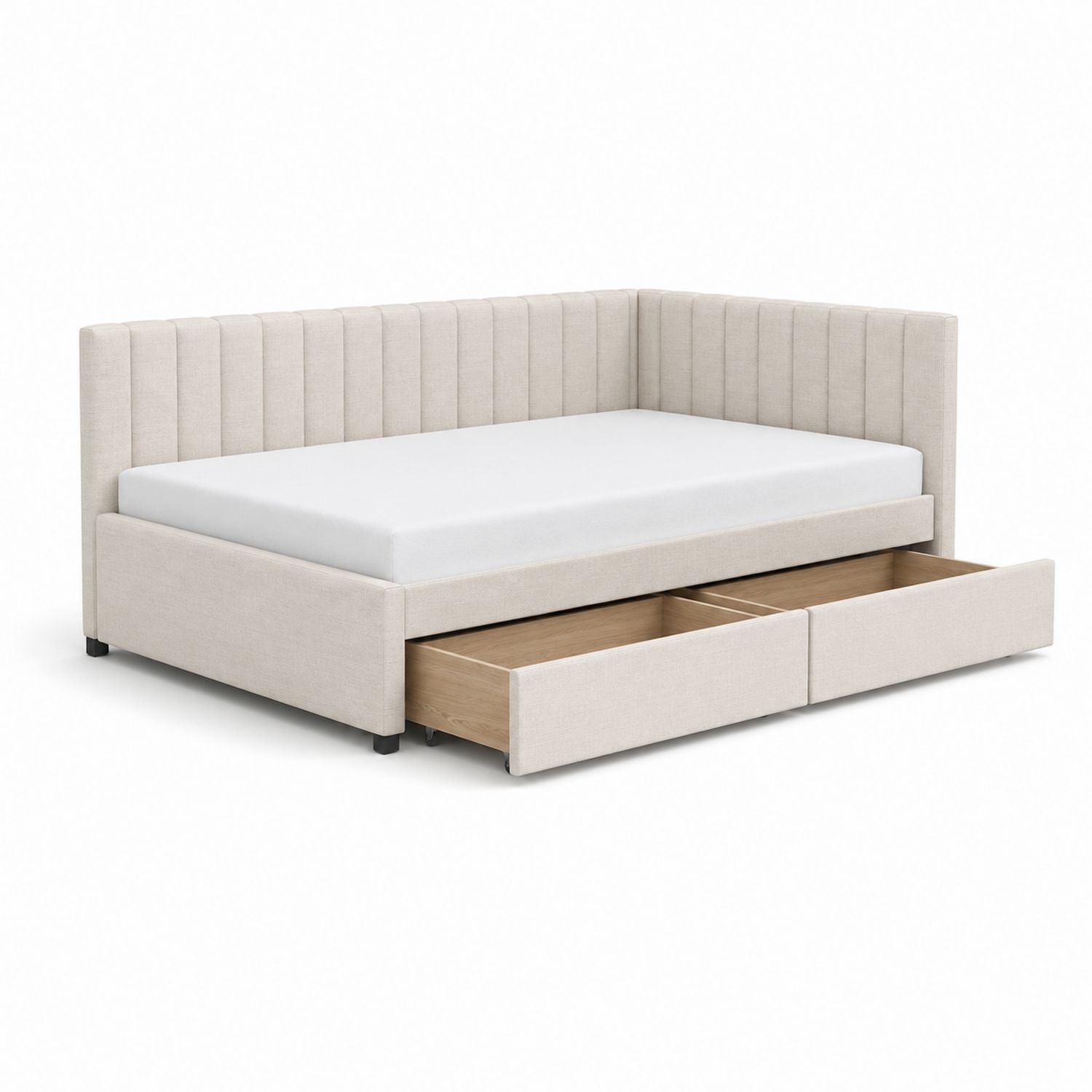 Letto angolare con cassetti in tessuto beige