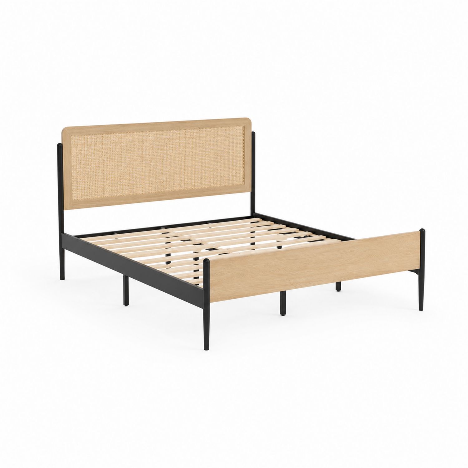 Letto matrimoniale in metallo e legno con schienale in rattan 200x160 cm