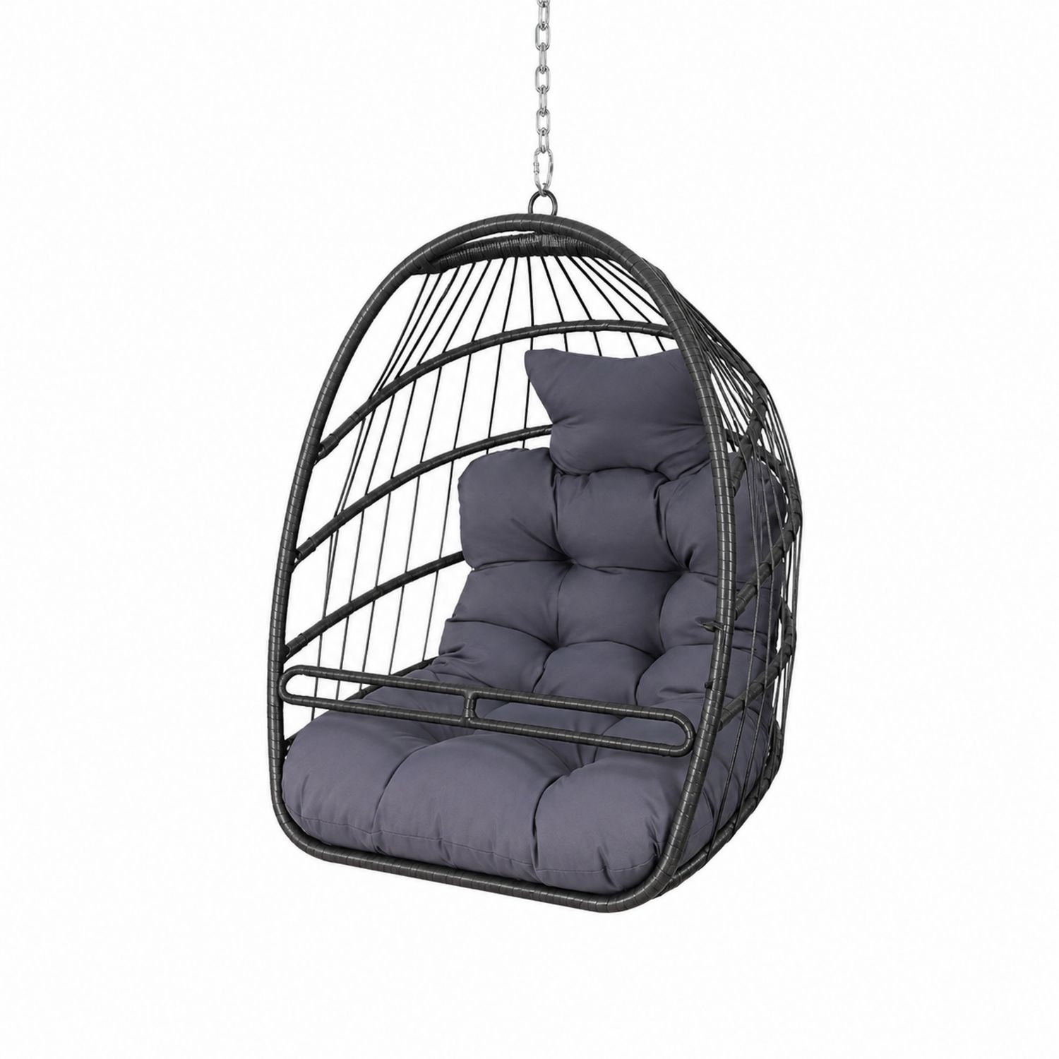 Sedia sospesa in ferro e rattan con cuscino in tessuto grigio
