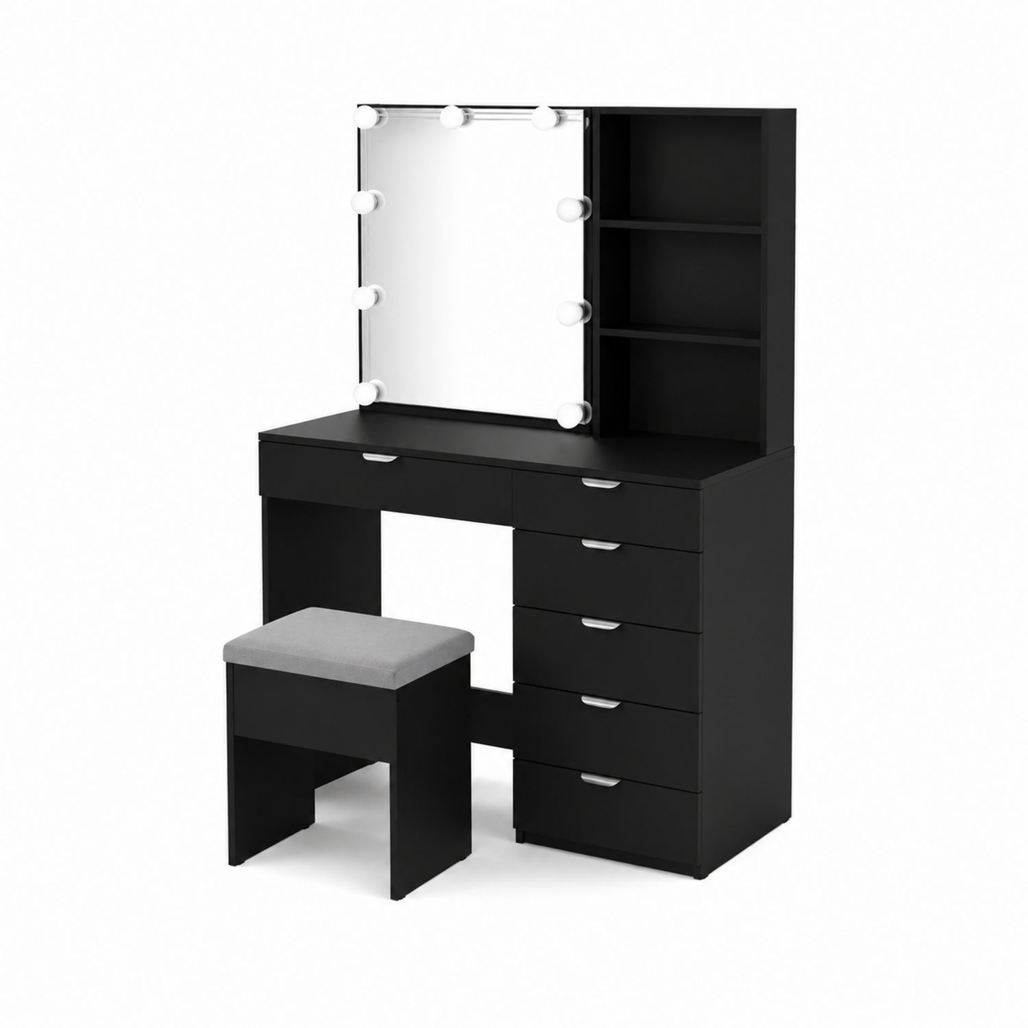 Toeletta con Specchio in Vetro e Sgabello in Legno Nero