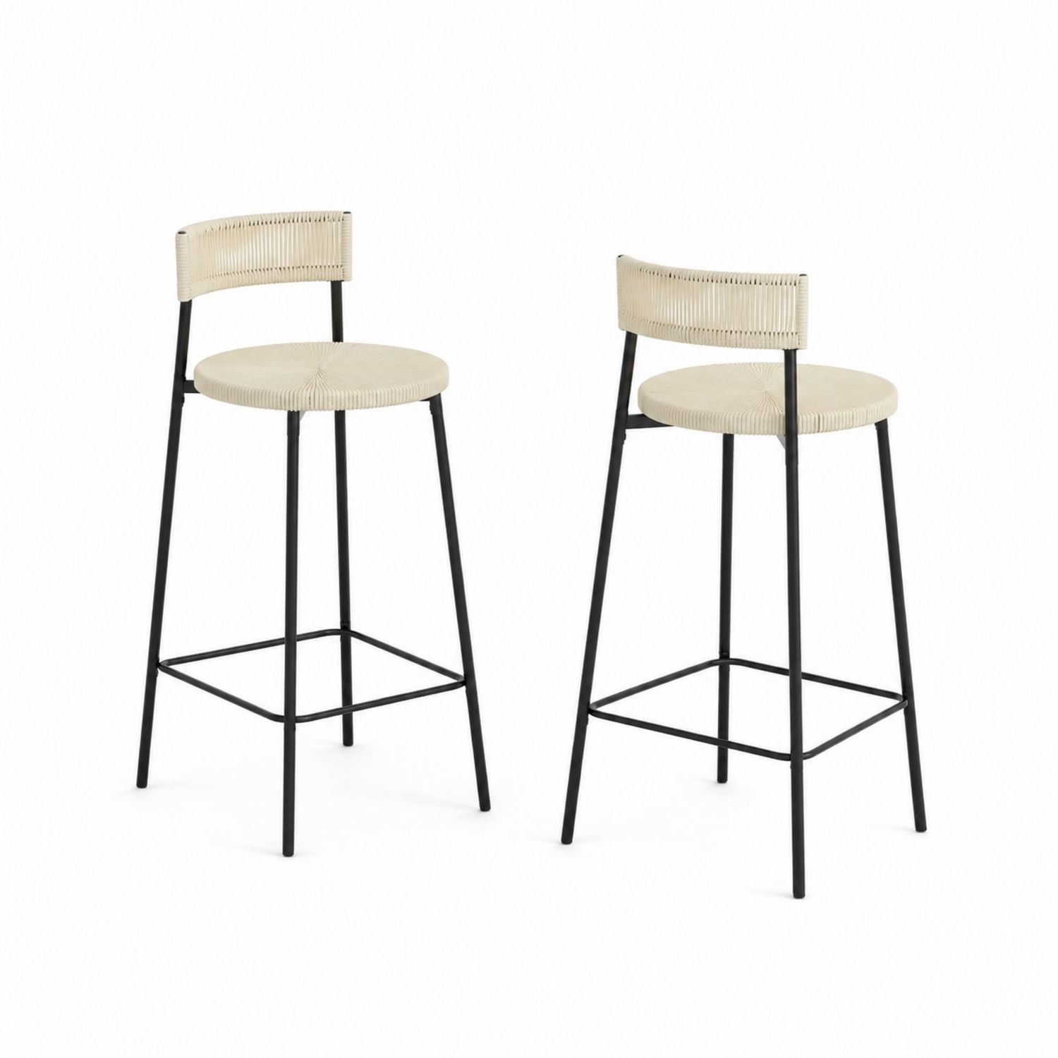 Set di 2 sgabelli da bar con seduta in rattan e struttura in metallo nero, altezza 100 cm
