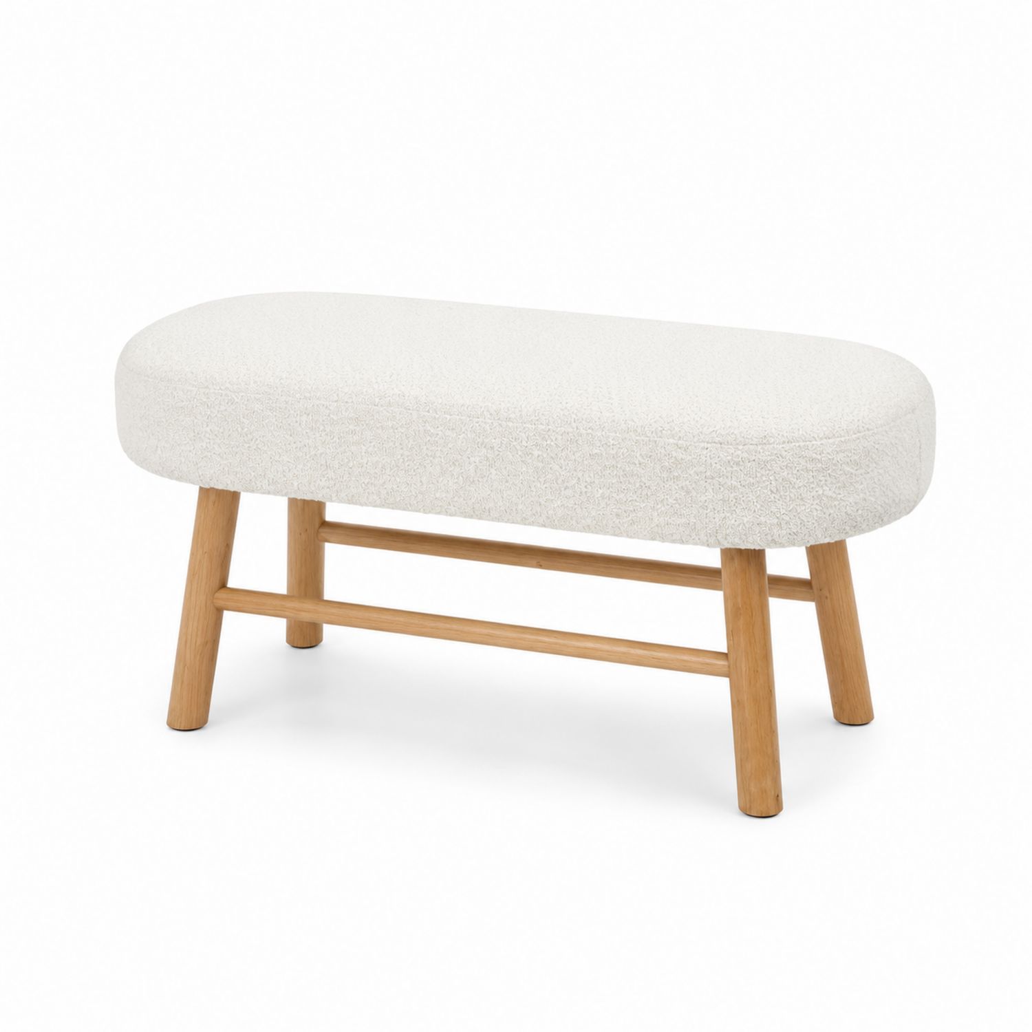 Panca in Legno Massello e Tessuto Bouclé Bianco