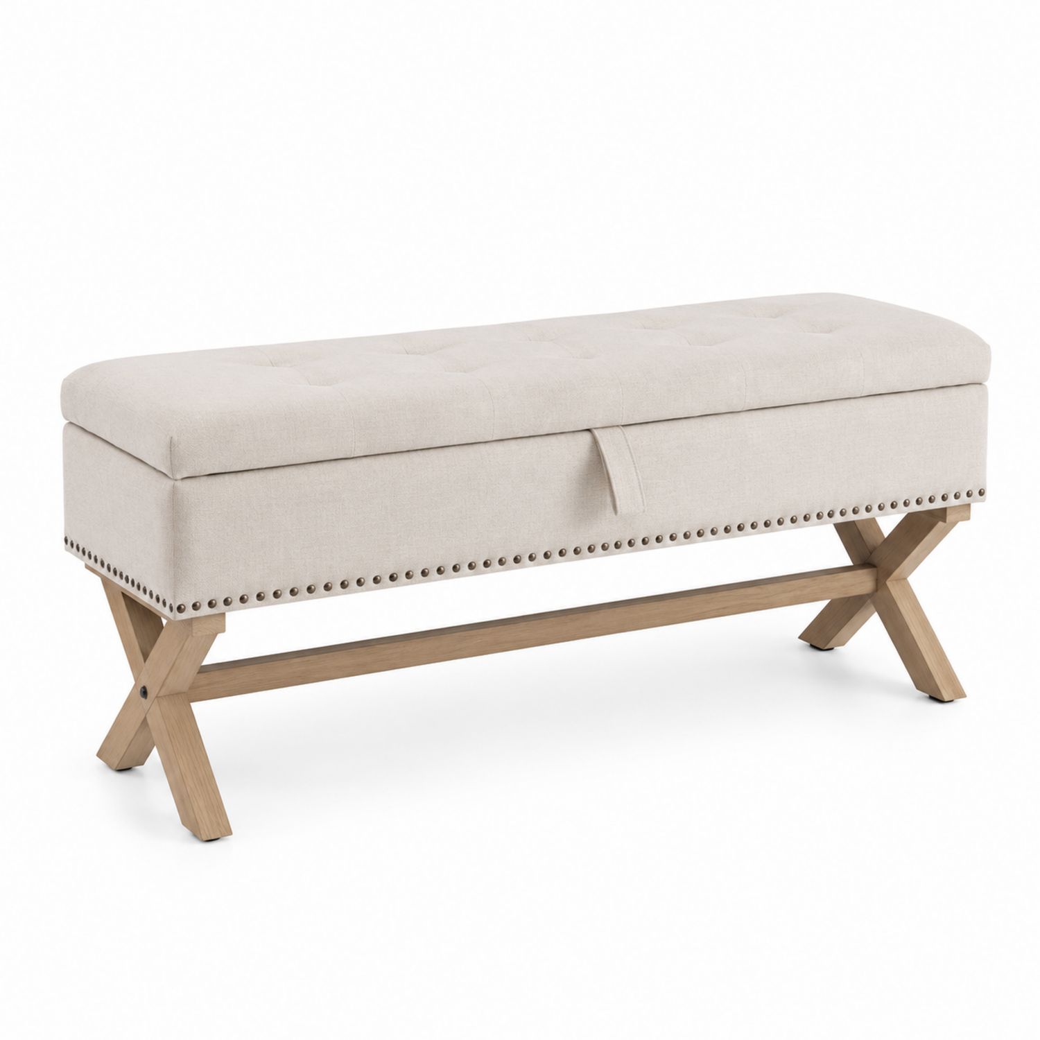 Panca rettangolare in tessuto beige con gambe in legno