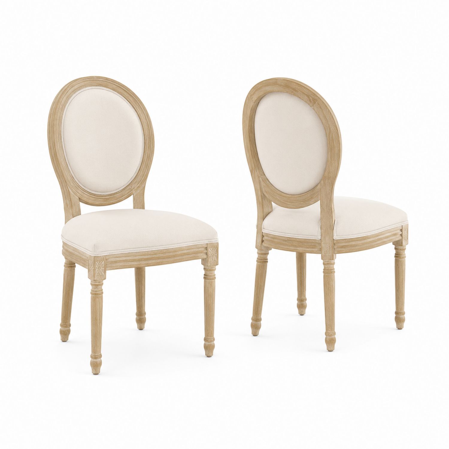Set di 2 Sedie da Pranzo in Legno con Rivestimento in Tessuto di Lino Beige