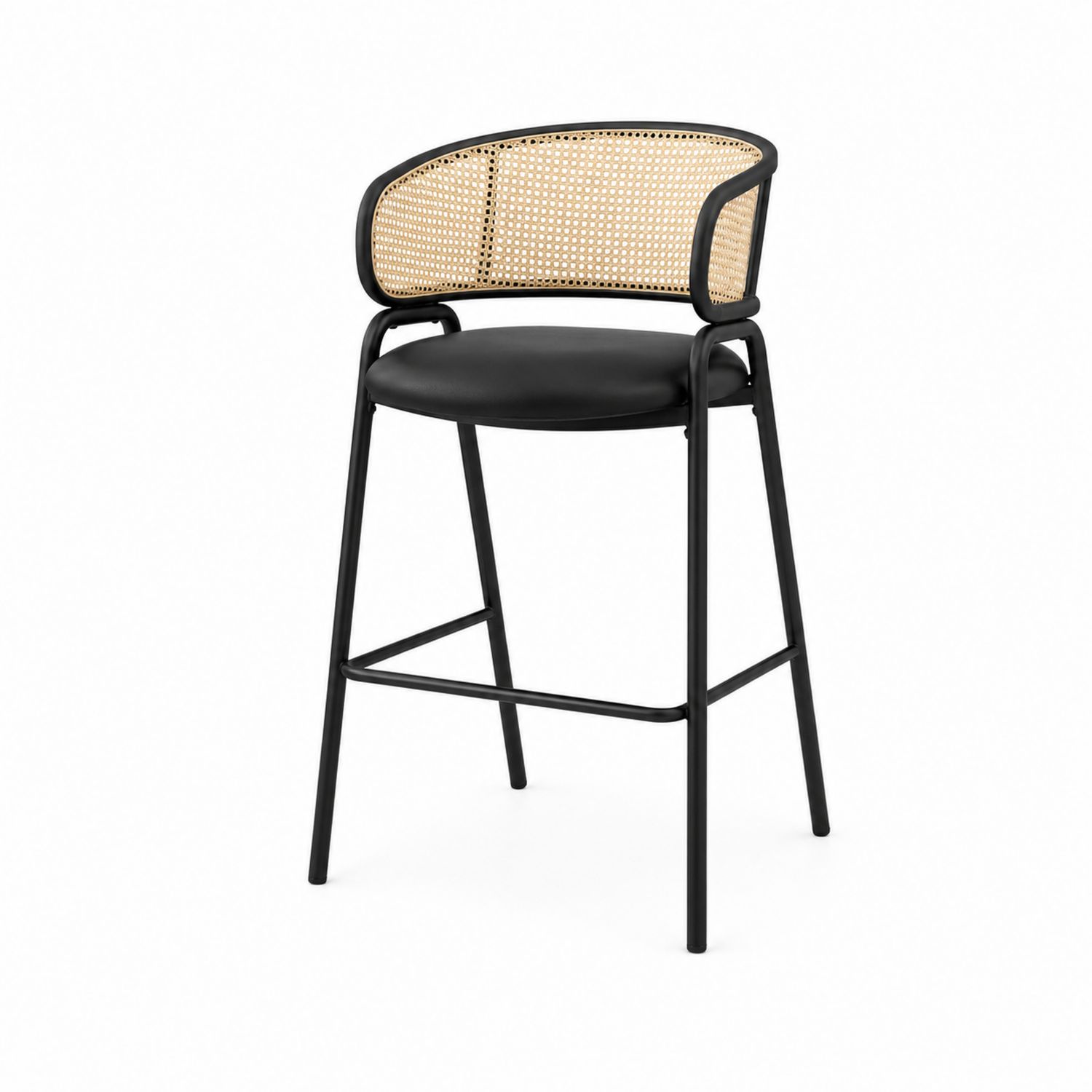 Sgabello da Bar in Metallo con Seduta in Similpelle e Schienale in Rattan Sintetico