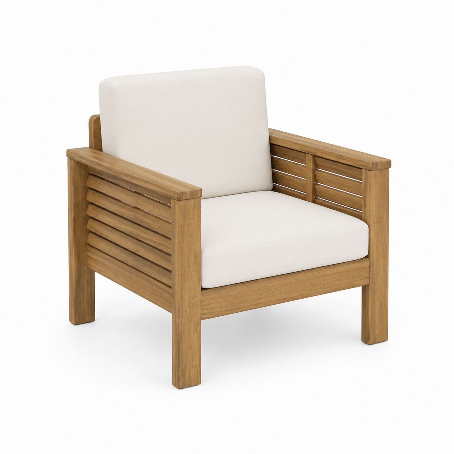 Poltrona da esterno in legno con cuscini in poliestere beige