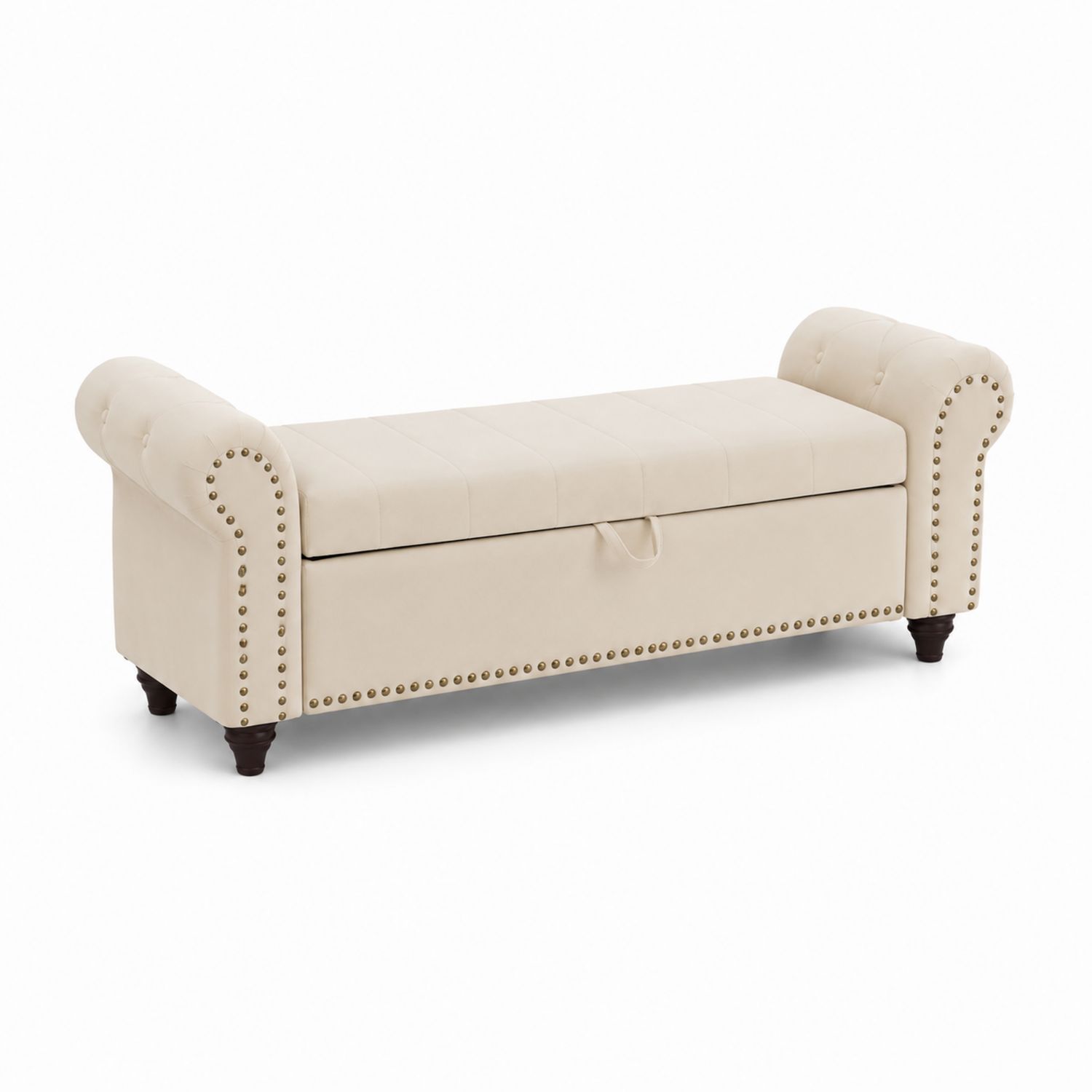Cassapanca con Braccioli Imbottiti in Tessuto Beige