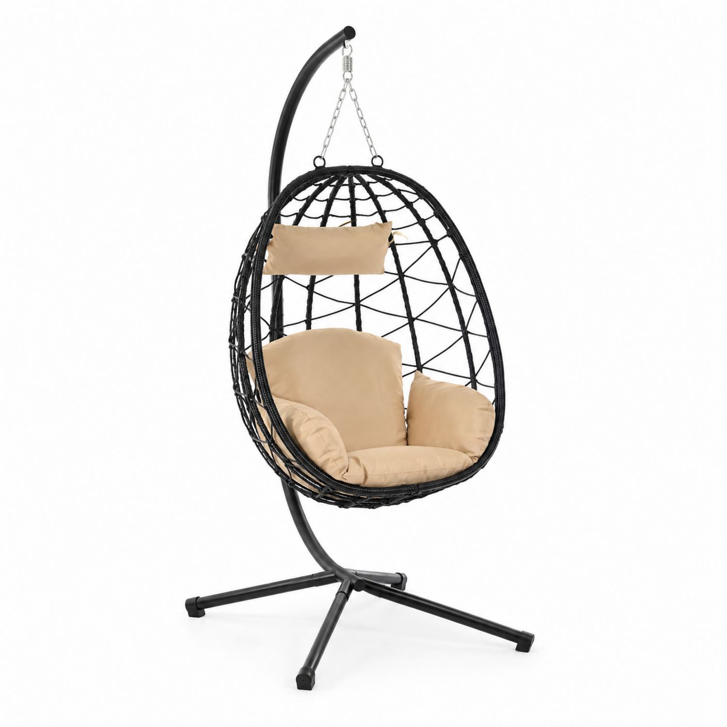 Sedia Sospesa Uovo in Rattan Sintetico con Cuscini Beige