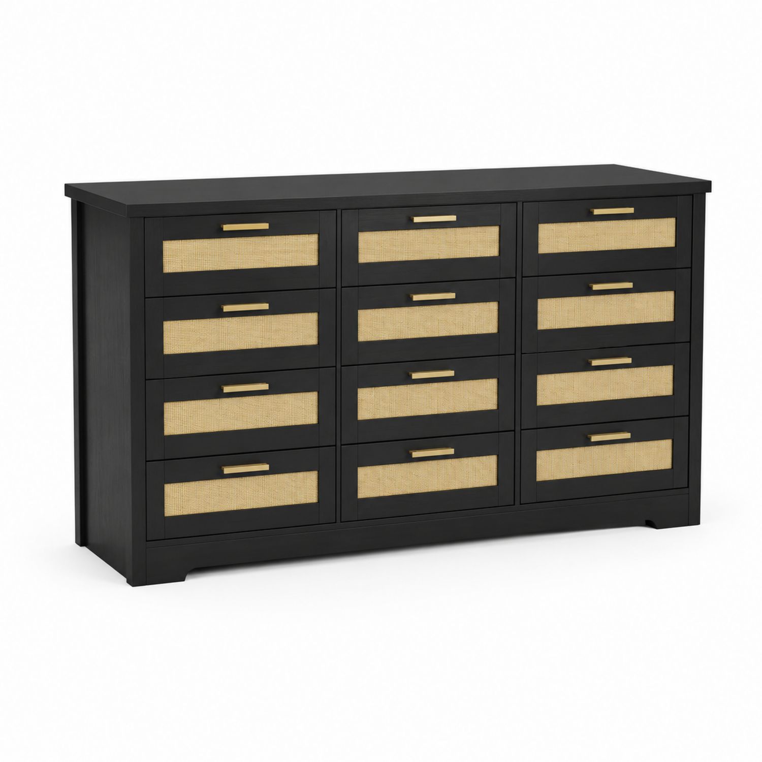 Cassettiera a dodici cassetti in legno e rattan