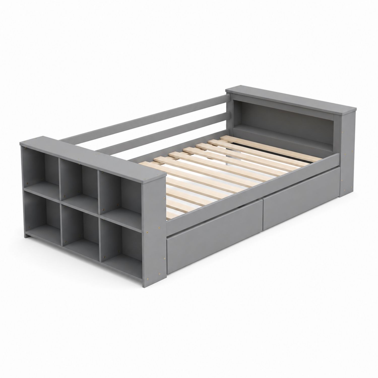 Letto singolo in legno con scaffalature integrate grigio