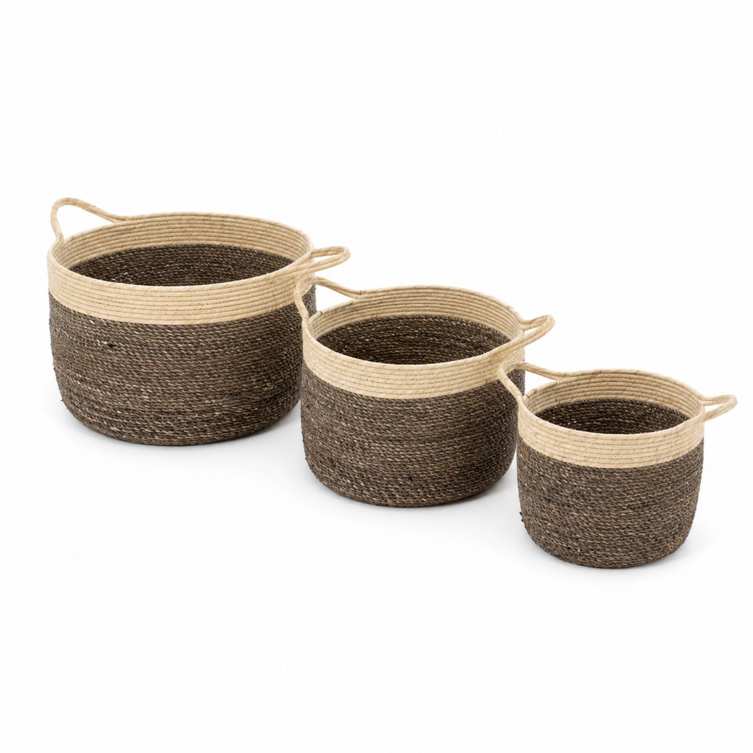 Set di 3 Cesti Rotondi in Vimini Marrone e Beige